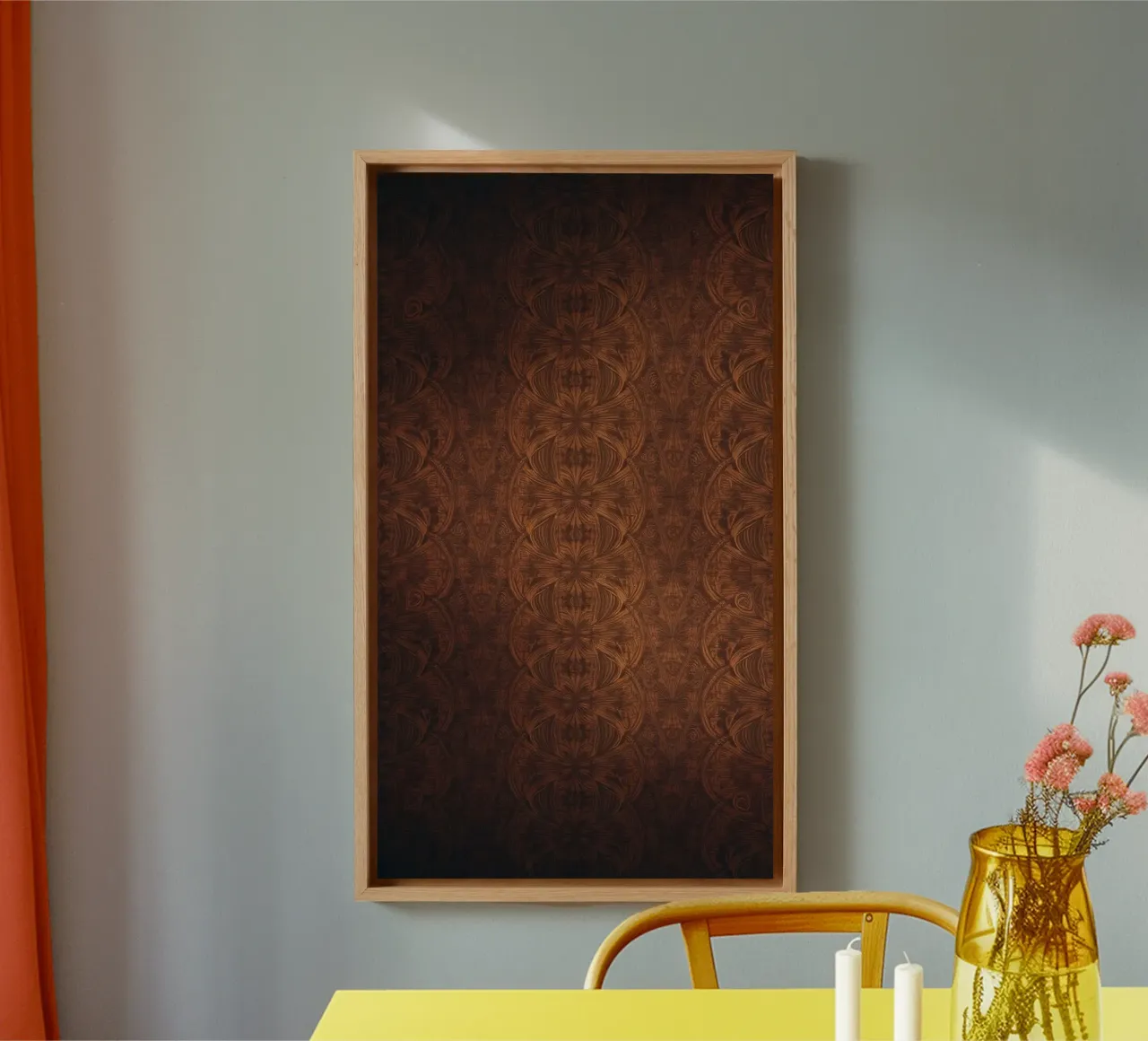 Levendig abstract ontwerp met oranje en blauwe wervelingen canvas met Baklijst van DesignDoodle