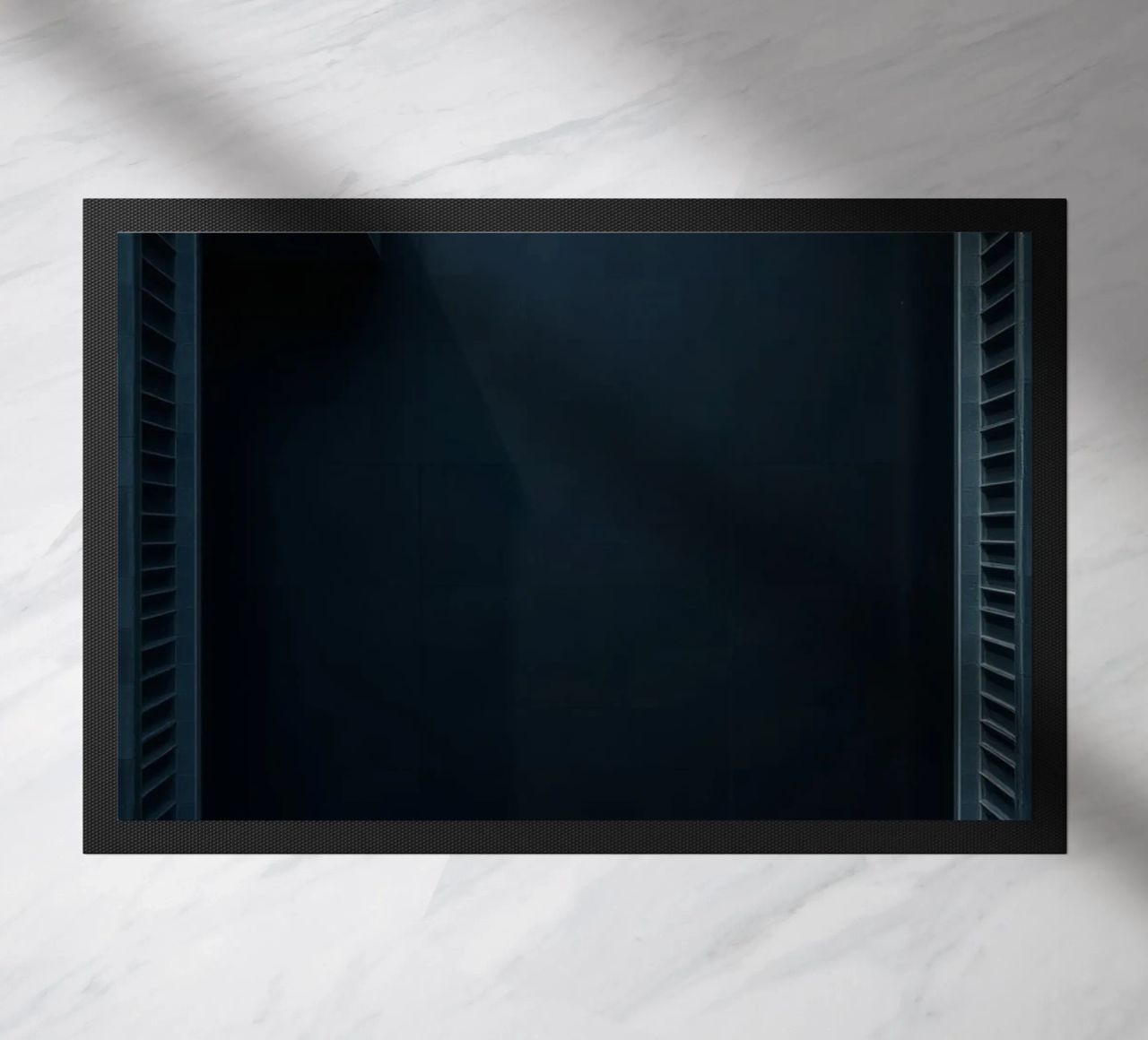 Elegant dark background featuring a minimalist chandelier doormat by DesignDoodle