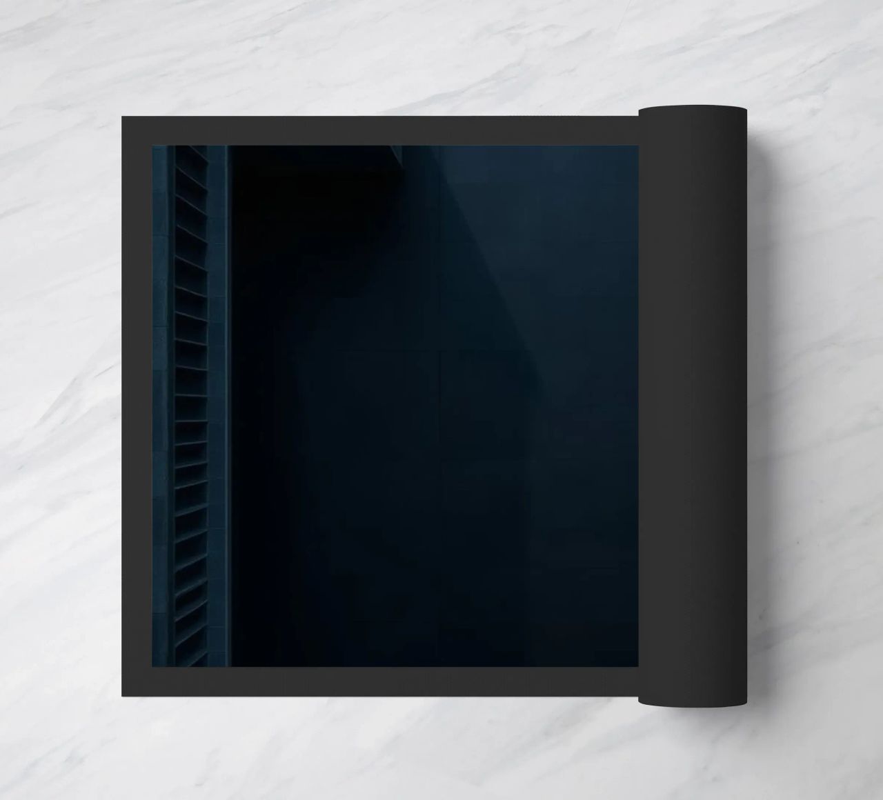 Elegant dark background featuring a minimalist chandelier doormat by DesignDoodle