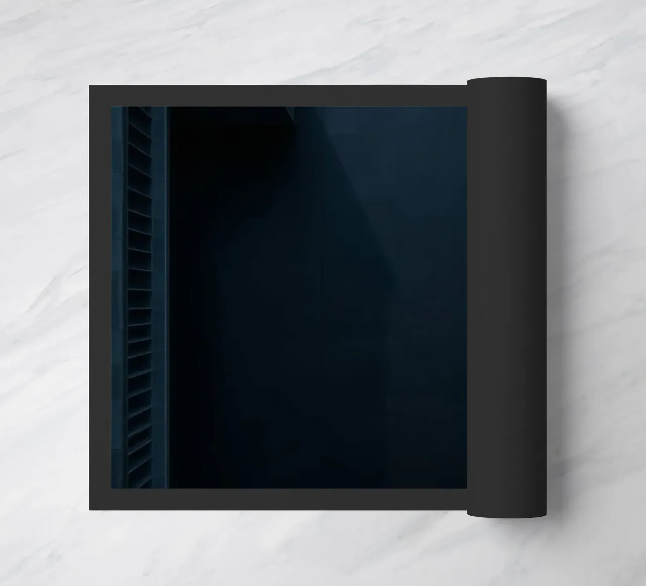 Elegant dark background featuring a minimalist chandelier doormat by DesignDoodle