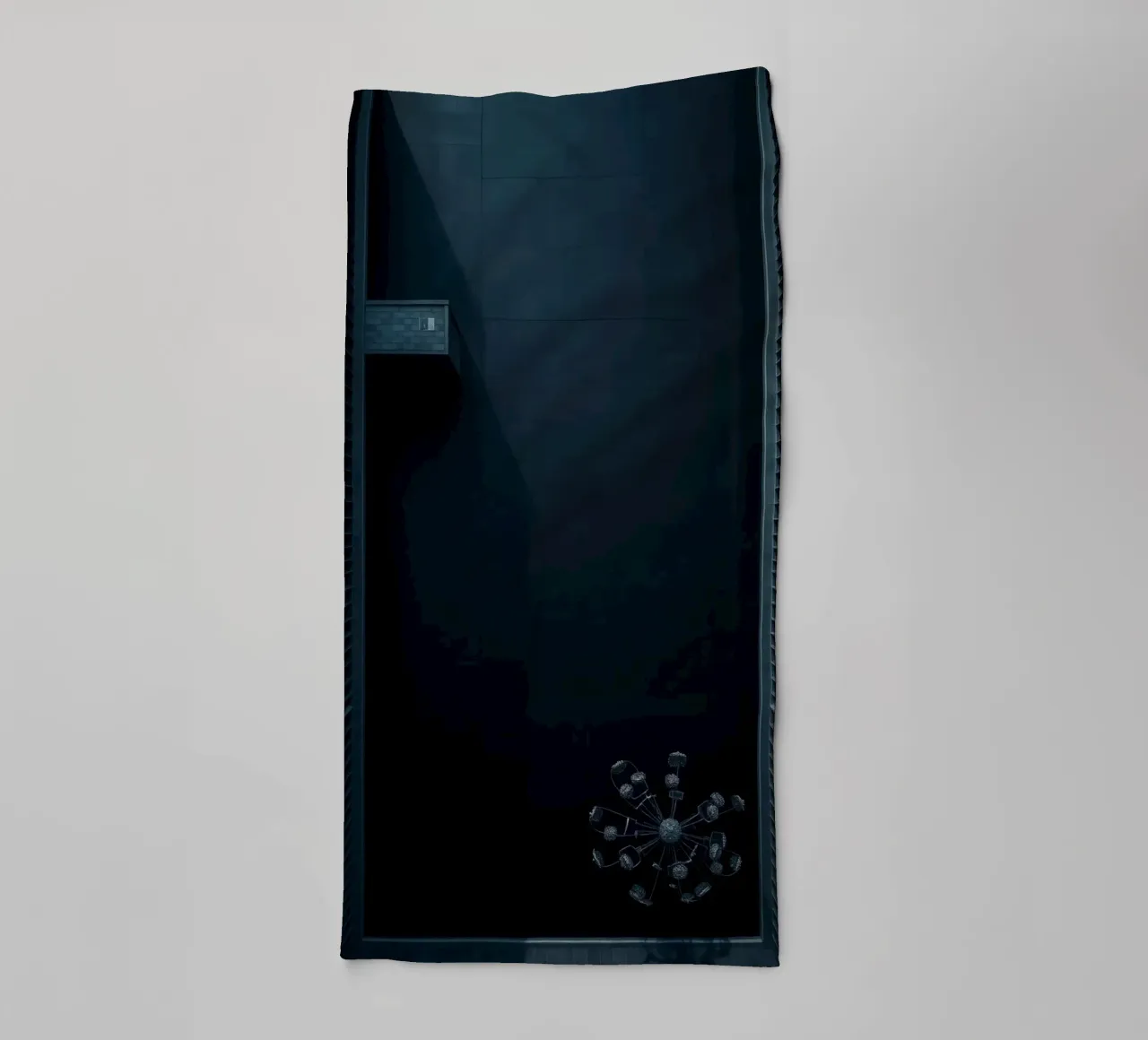Elegant dark background featuring a minimalist chandelier towel by DesignDoodle