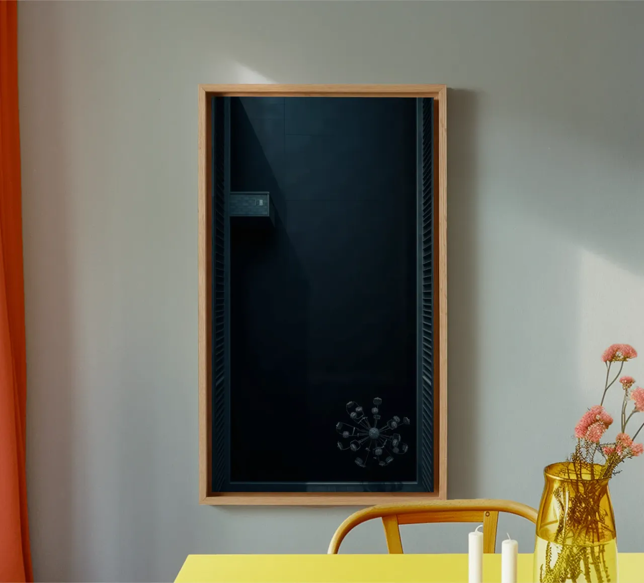 Elegant dark background featuring a minimalist chandelier canvas with Floater frame by DesignDoodle