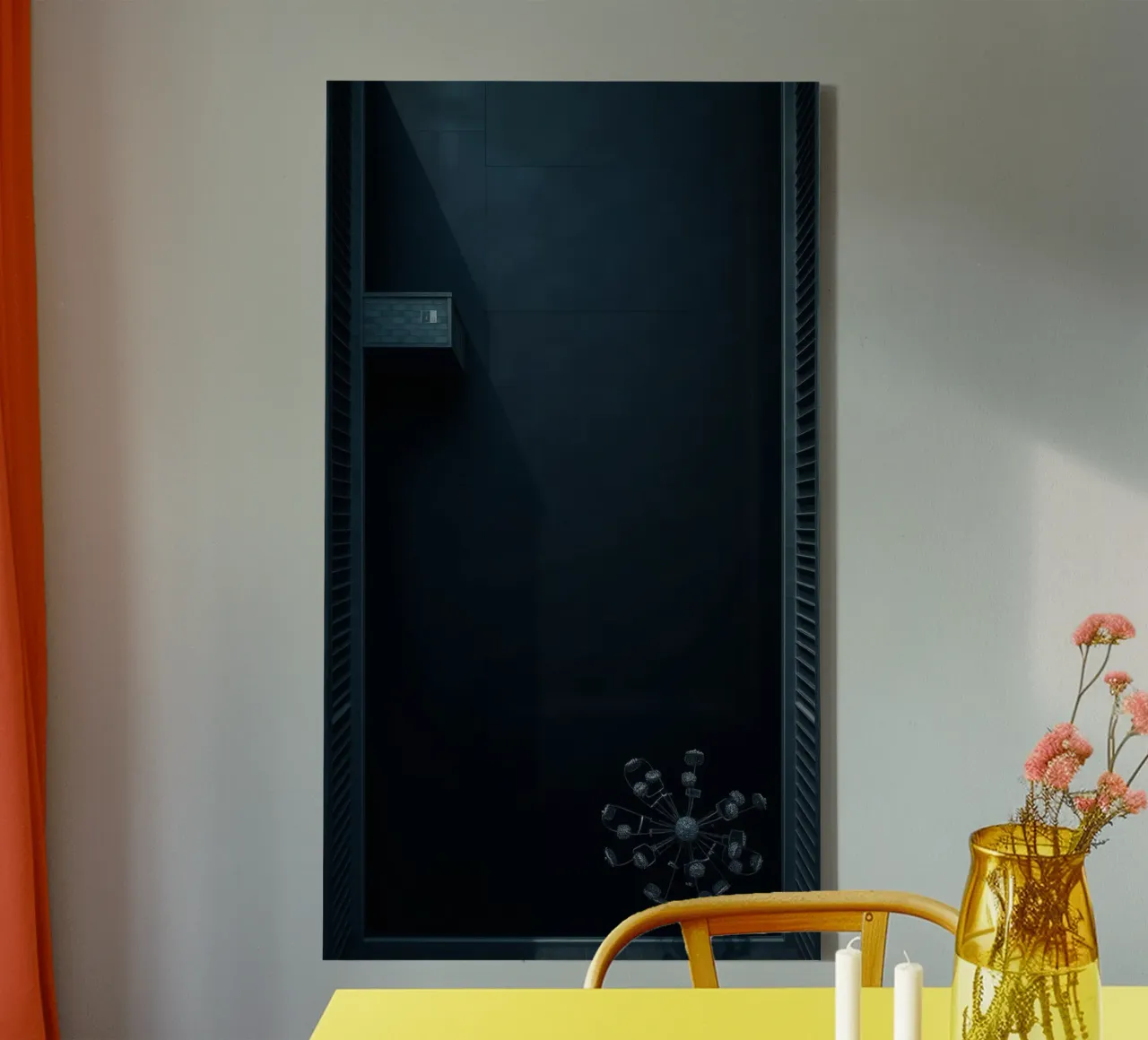 Elegant dark background featuring a minimalist chandelier canvas with Floater frame by DesignDoodle