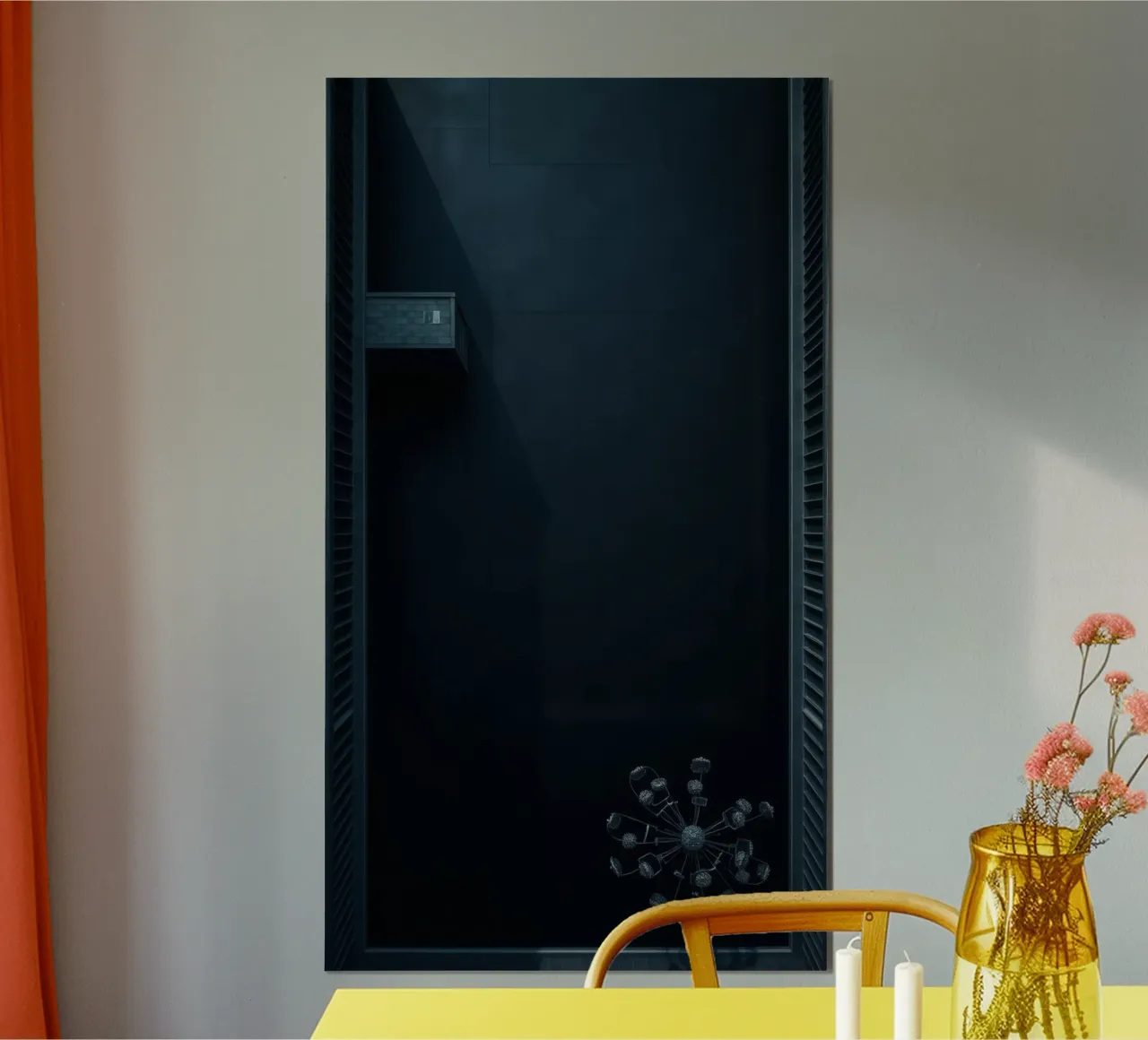 Fond noir élégant représentant un chandelier minimaliste poster avec cadre en plastique de DesignDoodle