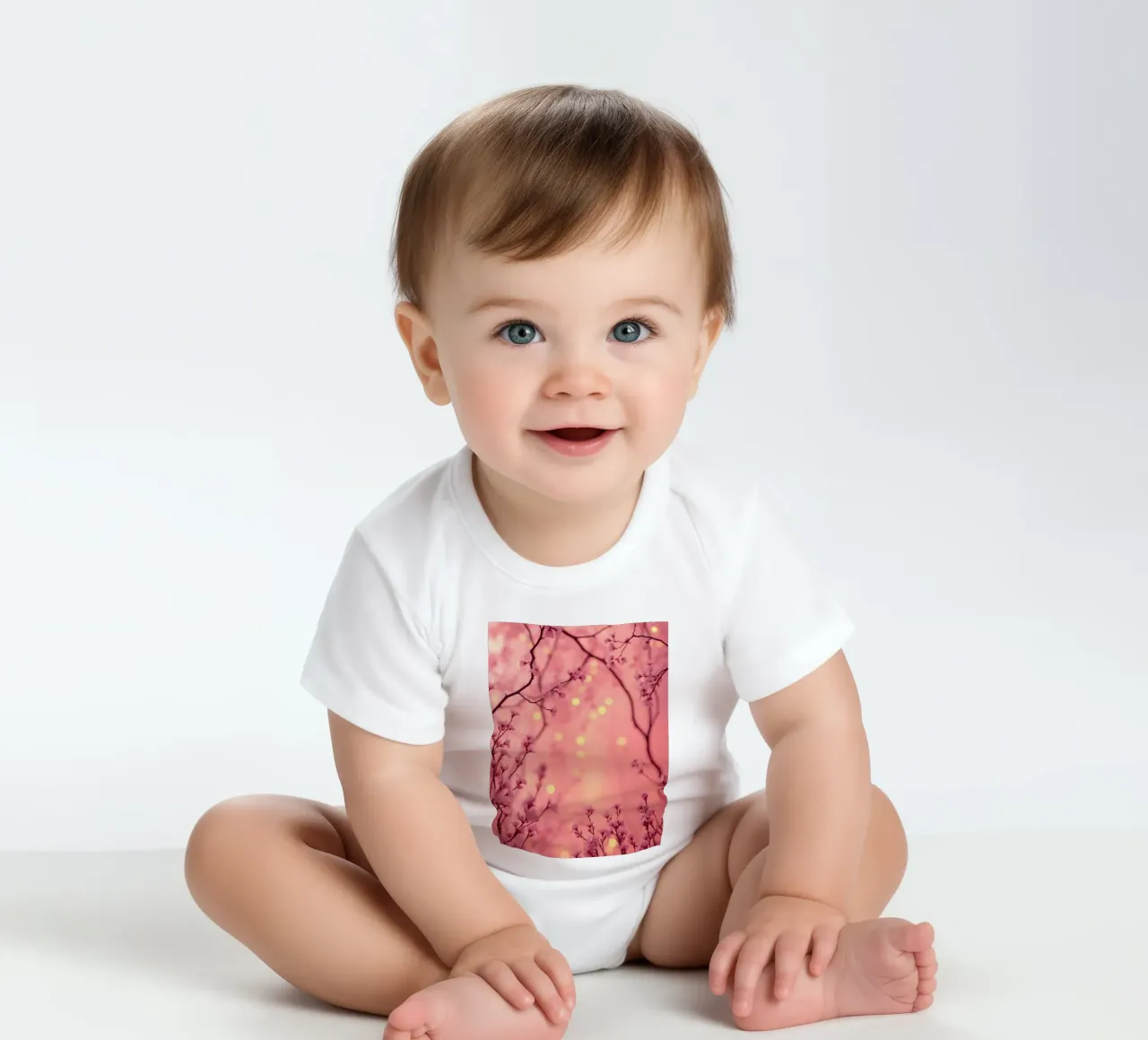 Delicate pink blossoms set against a dreamy bokeh background short-sleeve baby romper by DesignDoodle