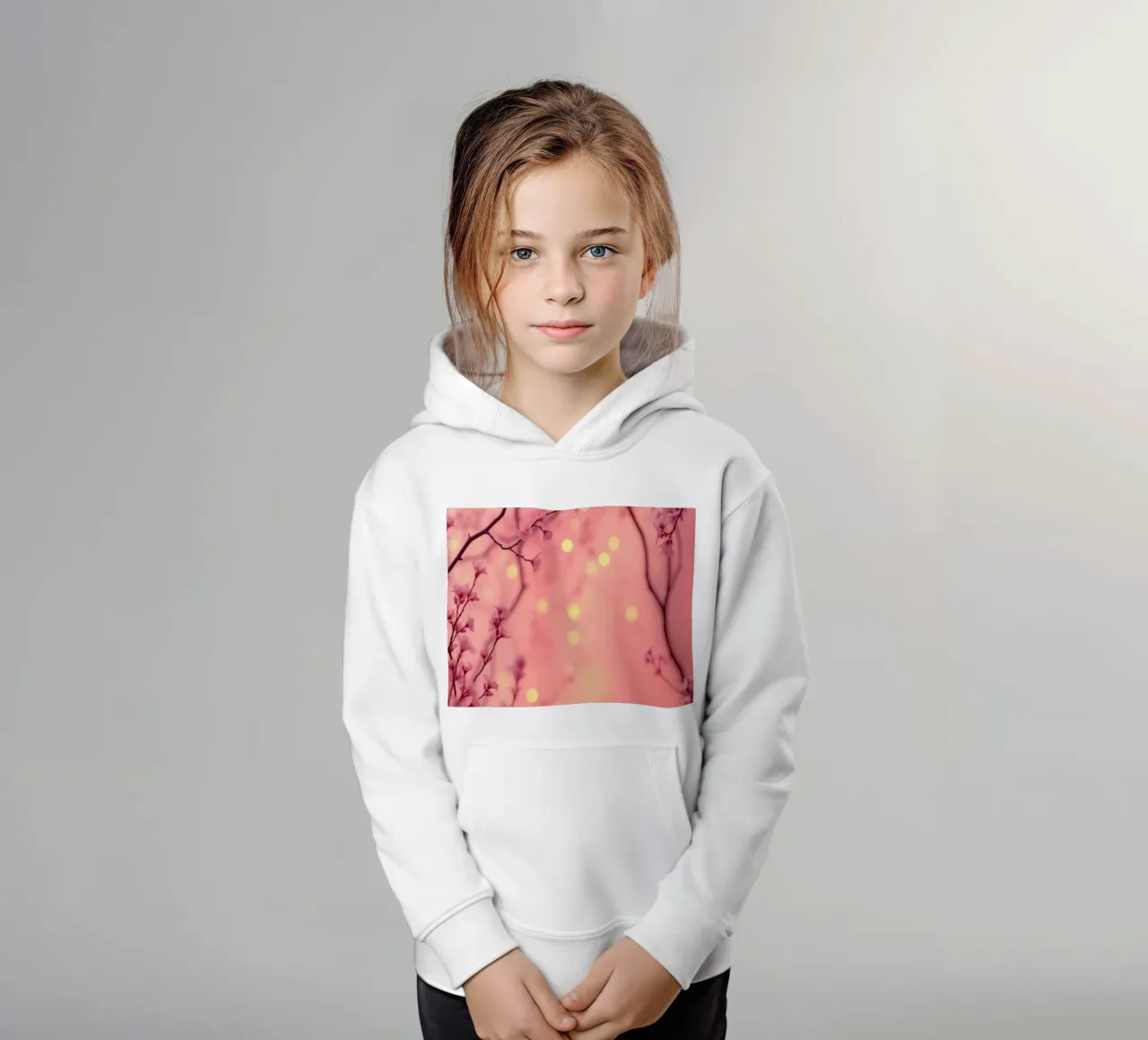 Delicate pink blossoms set against a dreamy bokeh background kids hoodie by DesignDoodle