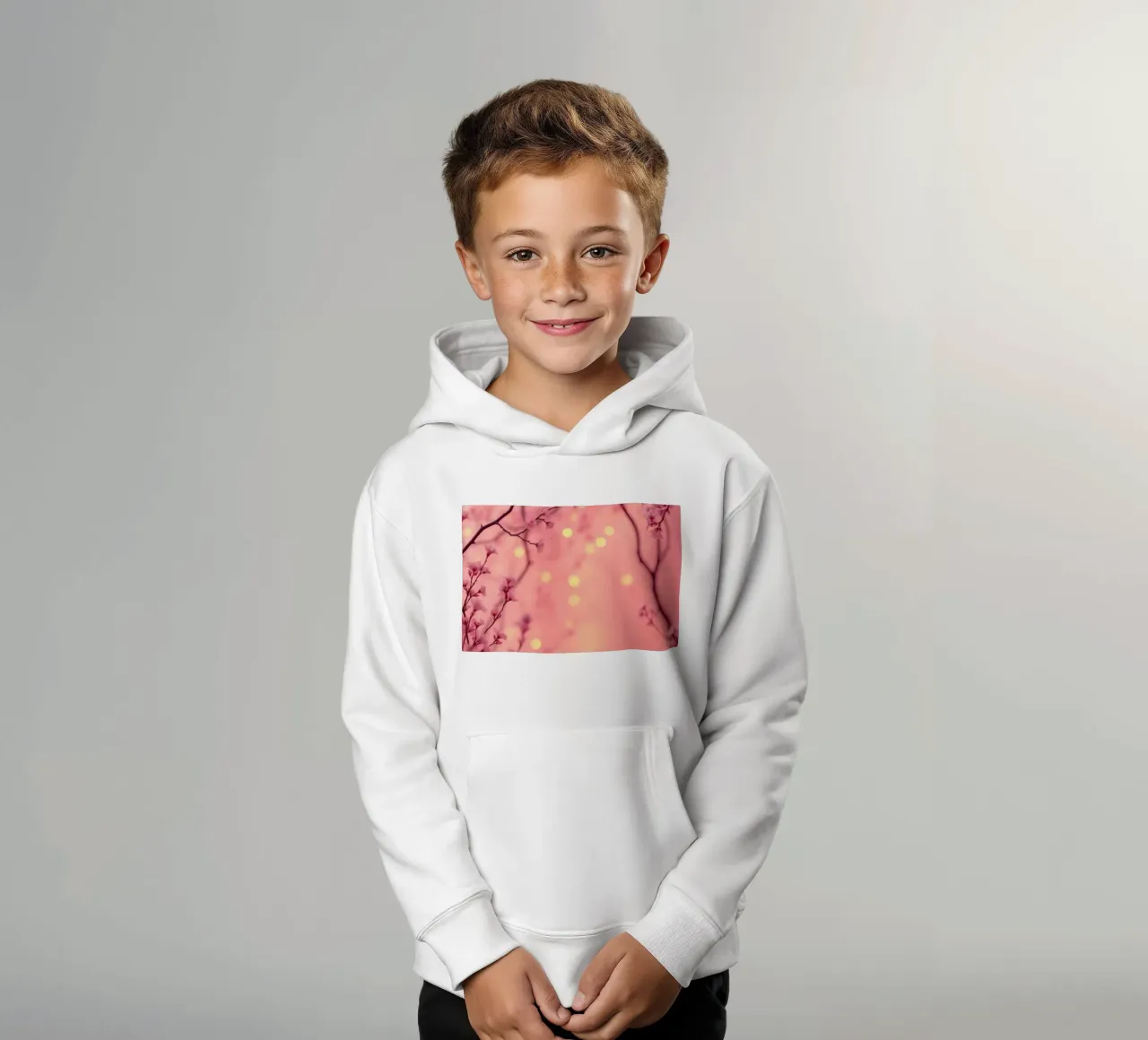 Delicate pink blossoms set against a dreamy bokeh background kids hoodie by DesignDoodle
