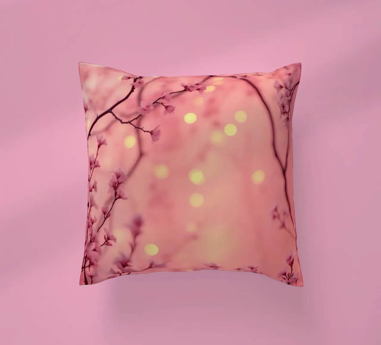 Delicate pink blossoms set against a dreamy bokeh background decorative cushion by DesignDoodle
