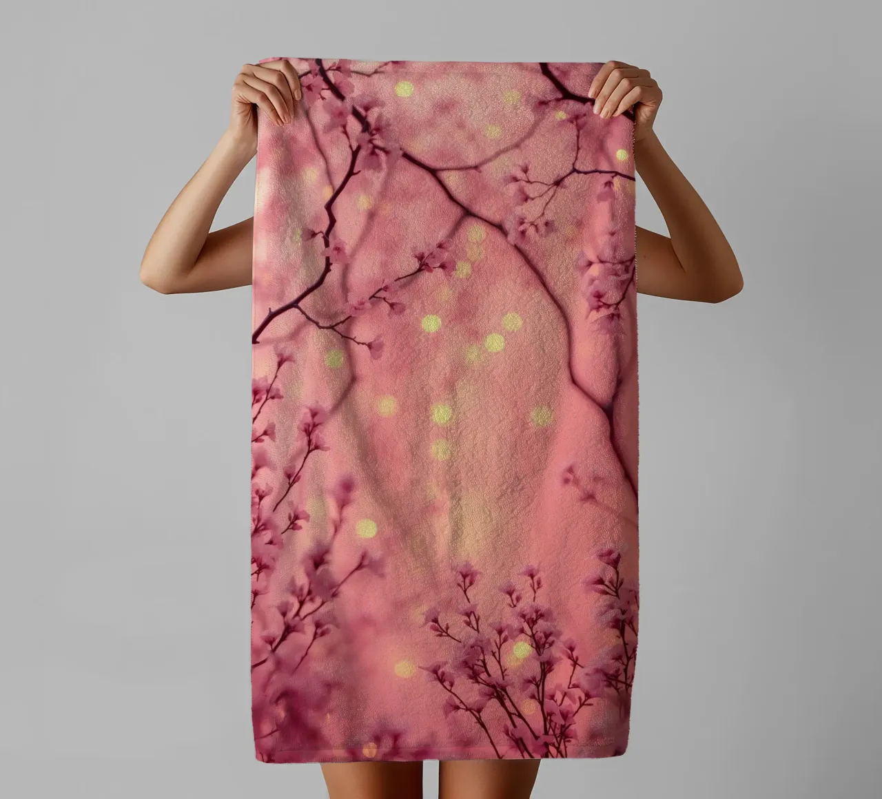 Delicate pink blossoms set against a dreamy bokeh background towel by DesignDoodle