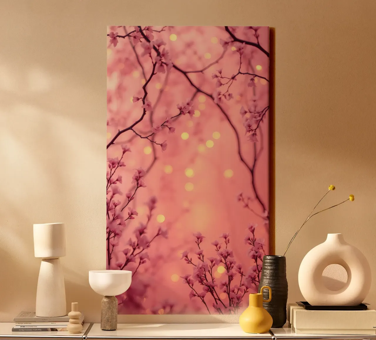 Delicate pink blossoms set against a dreamy bokeh background canvas by DesignDoodle