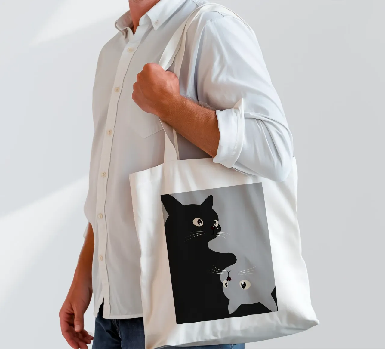 black cat gray cat eyes whiskers nose ears tails smiling cat tote bag by Ashish Kashyap
