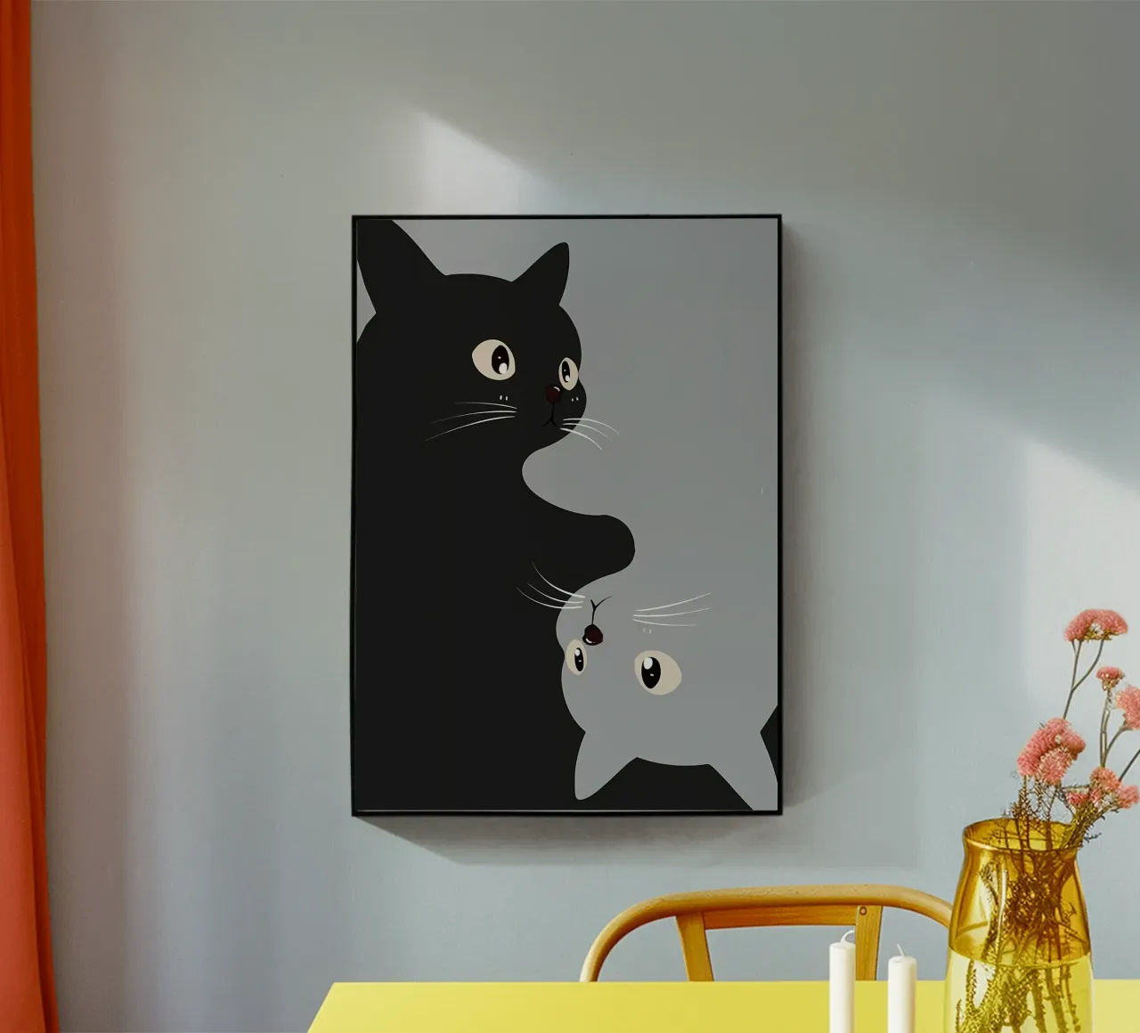 black cat gray cat eyes whiskers nose ears tails smiling cat acrylic glass by Ashish Kashyap