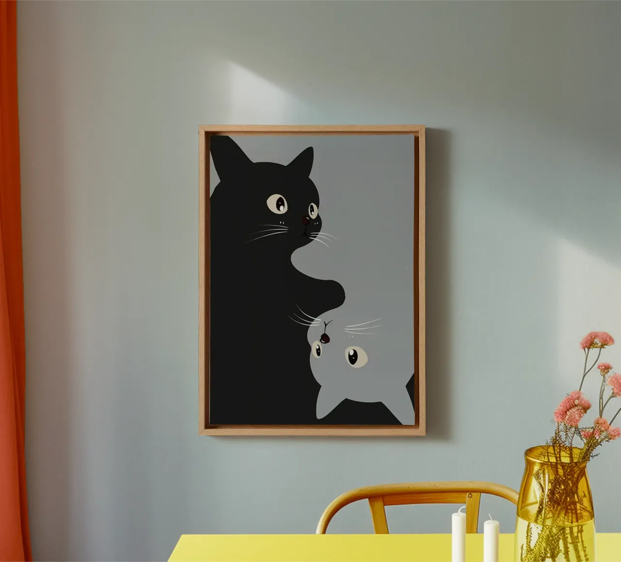 gatto nero gatto grigio occhi baffi naso orecchie code gatto sorridente tela con Cornice a cassetta da Ashish Kashyap