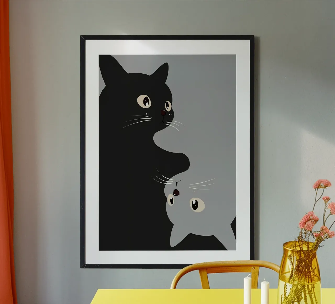 gatto nero gatto grigio occhi baffi naso orecchie code gatto sorridente poster con telaio in plastica da Ashish Kashyap