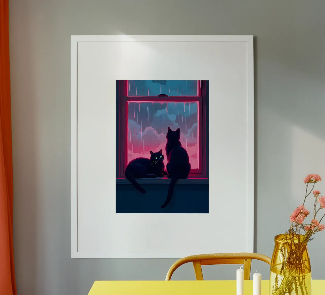 gatti finestra pioggia tempo tempestoso cielo nuvole riflessi casa poster con telaio in alluminio da Ashish Kashyap
