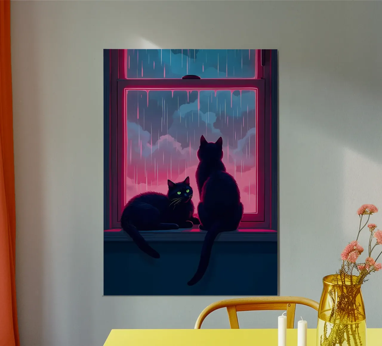 gatti finestra pioggia tempo tempestoso cielo nuvole riflessi casa poster con telaio in alluminio da Ashish Kashyap