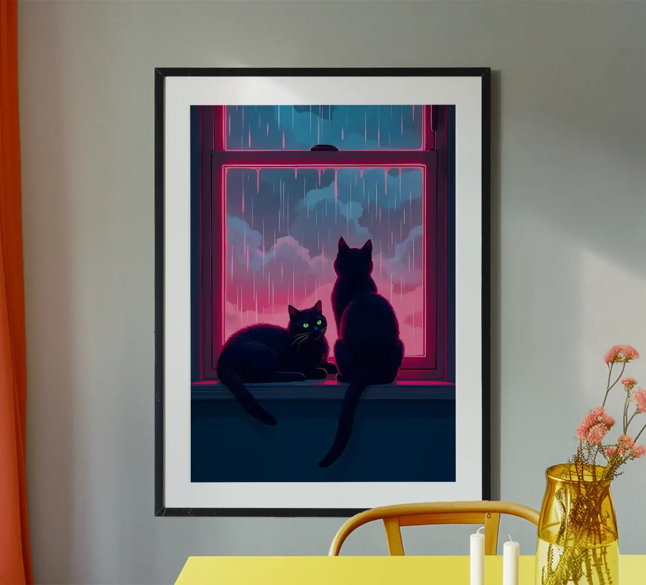 gatti finestra pioggia tempo tempestoso cielo nuvole riflessi casa poster con telaio in alluminio da Ashish Kashyap