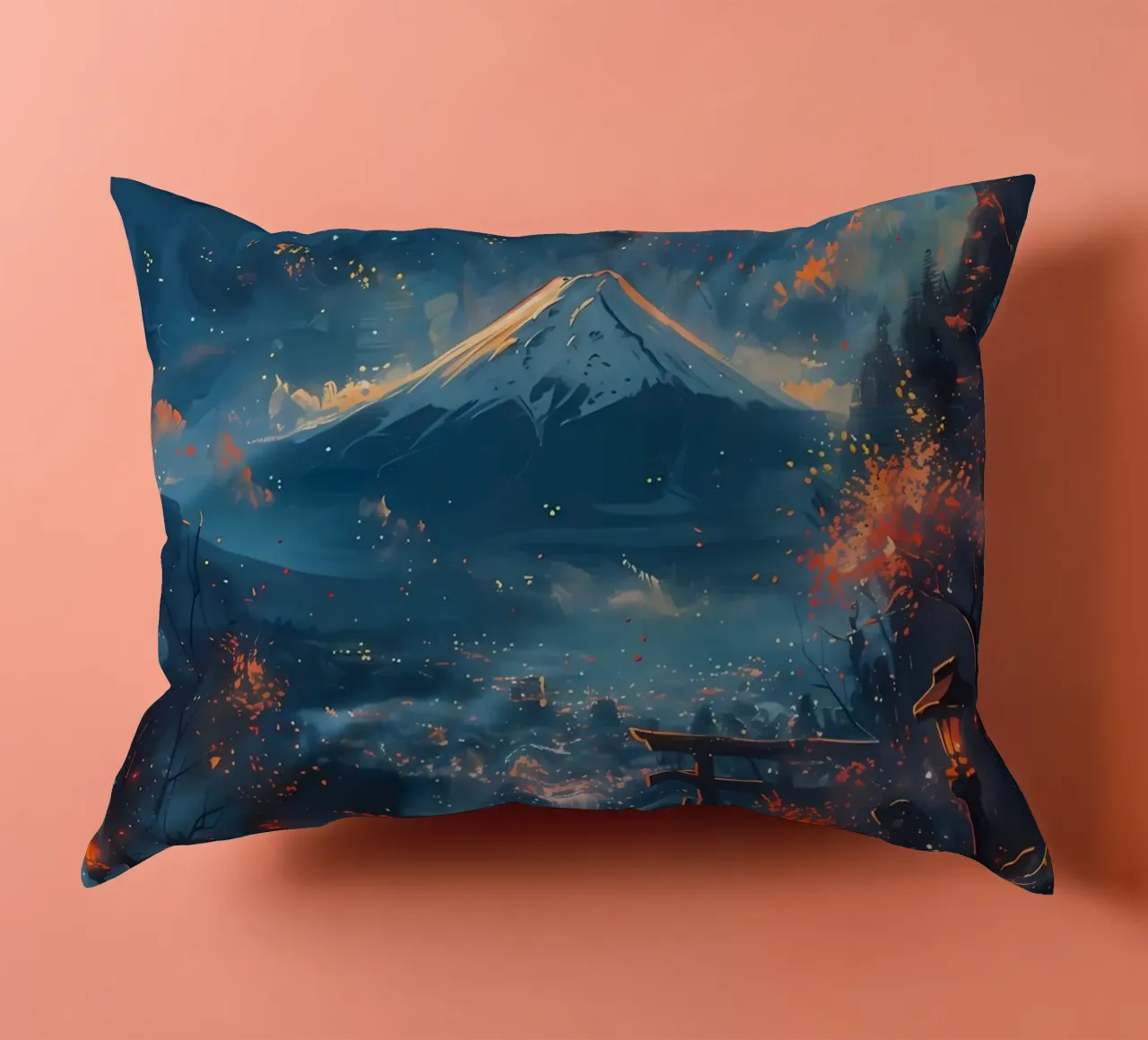 full moon cat mountain waterfall torii gate lanterns autumn decorative cushion by Ashish Kashyap