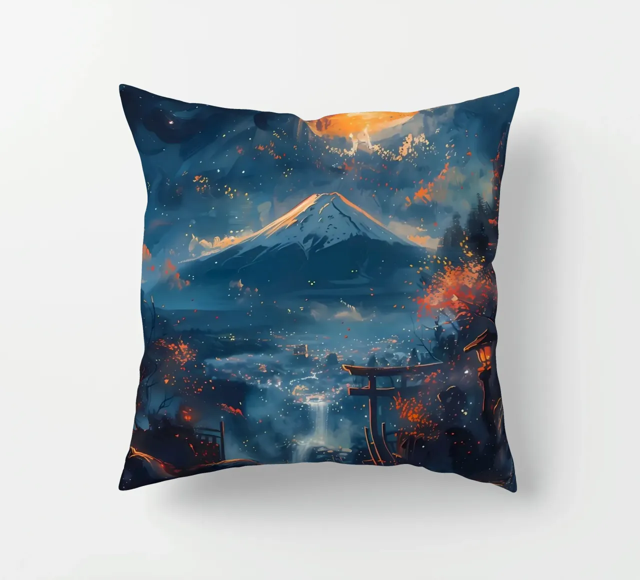 full moon cat mountain waterfall torii gate lanterns autumn decorative cushion by Ashish Kashyap