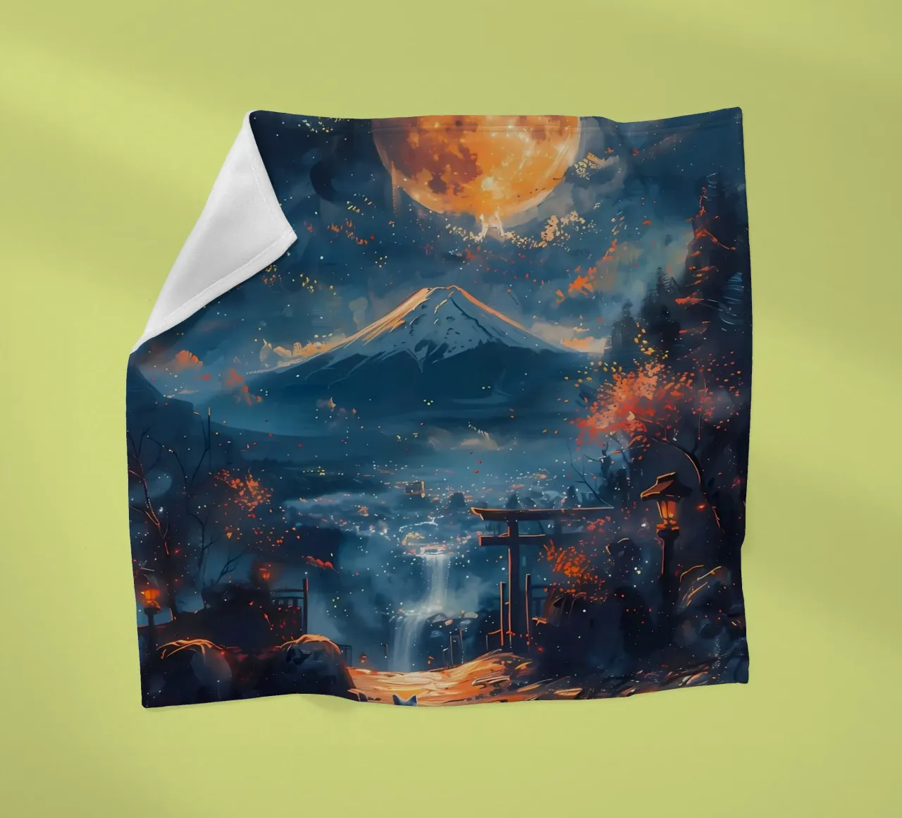 full moon cat mountain waterfall torii gate lanterns autumn fleece blanket by Ashish Kashyap