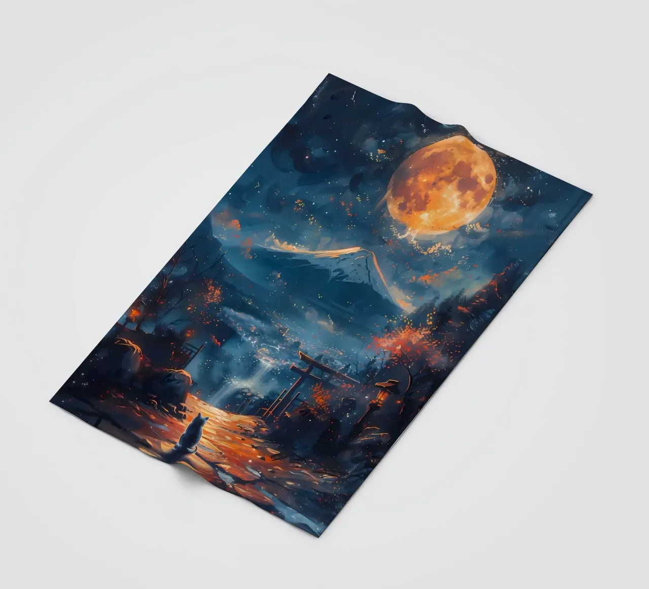 full moon cat mountain waterfall torii gate lanterns autumn fleece blanket by Ashish Kashyap