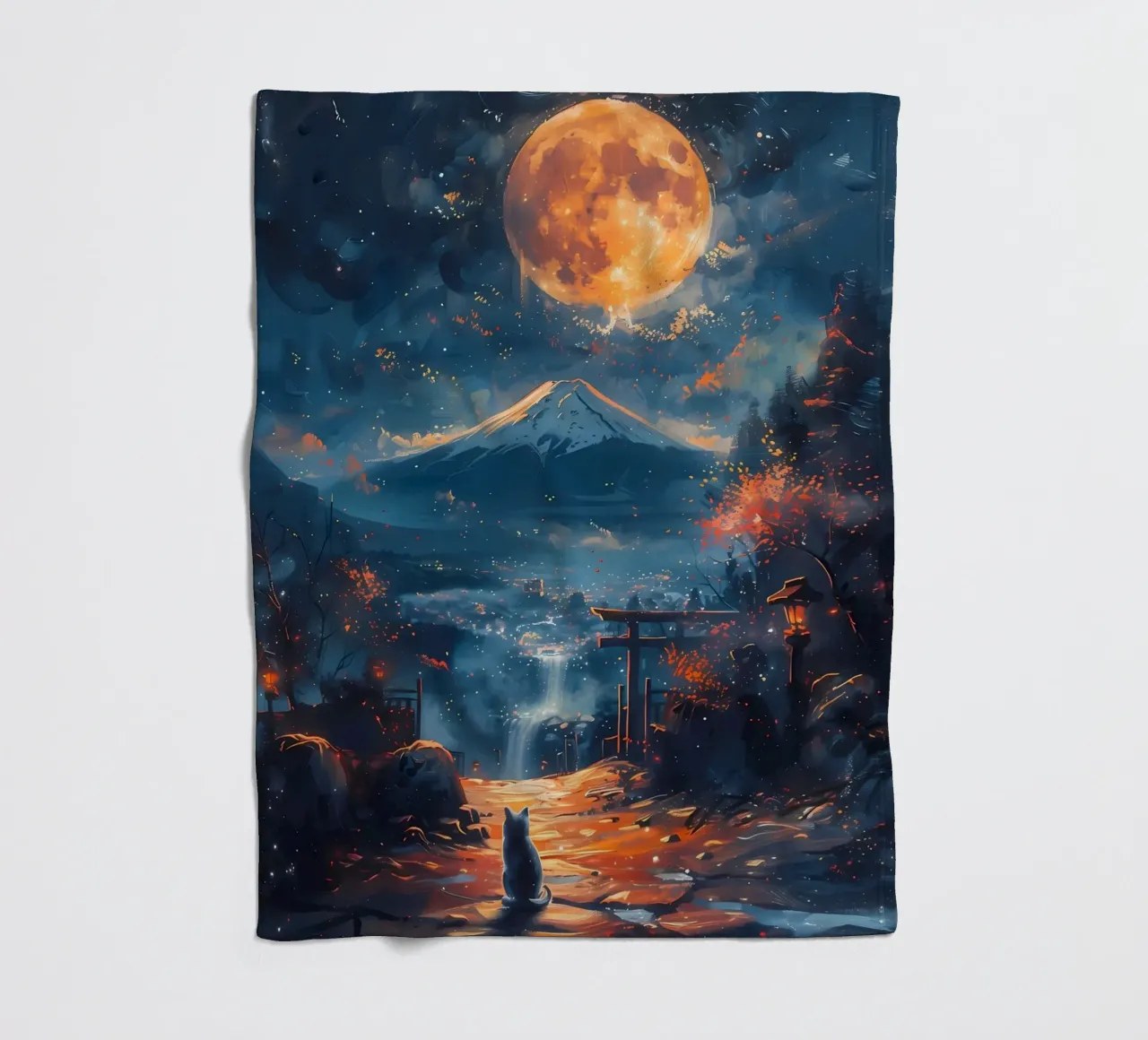 full moon cat mountain waterfall torii gate lanterns autumn fleece blanket by Ashish Kashyap