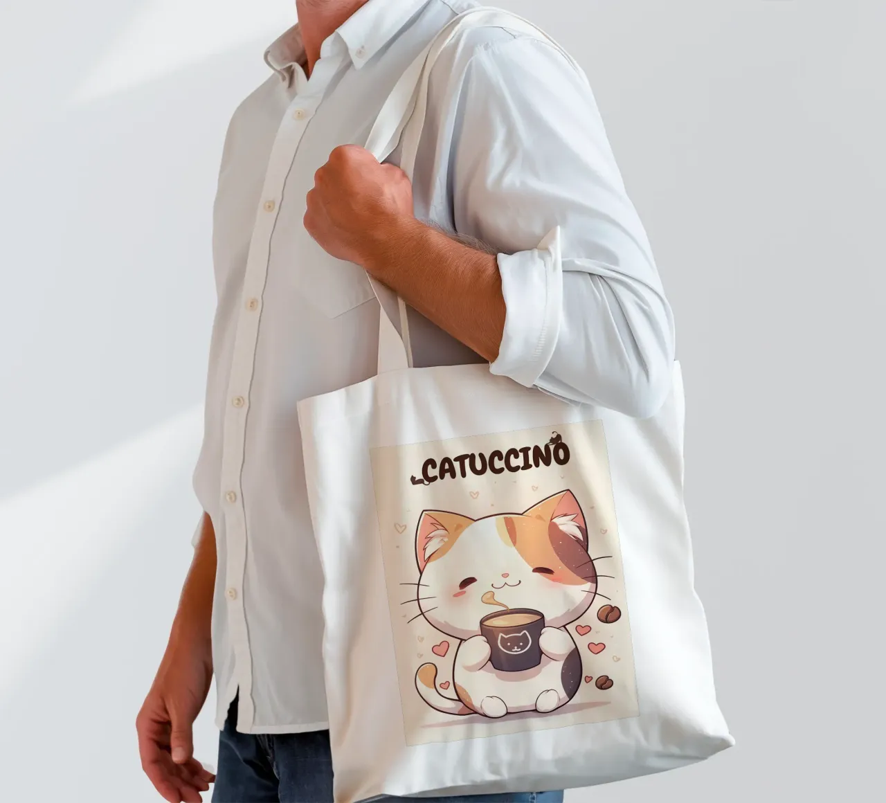 tazza caffè gatto forme cuore testo cartone animato orecchie gatto baffi c borsa in juta da Ashish Kashyap