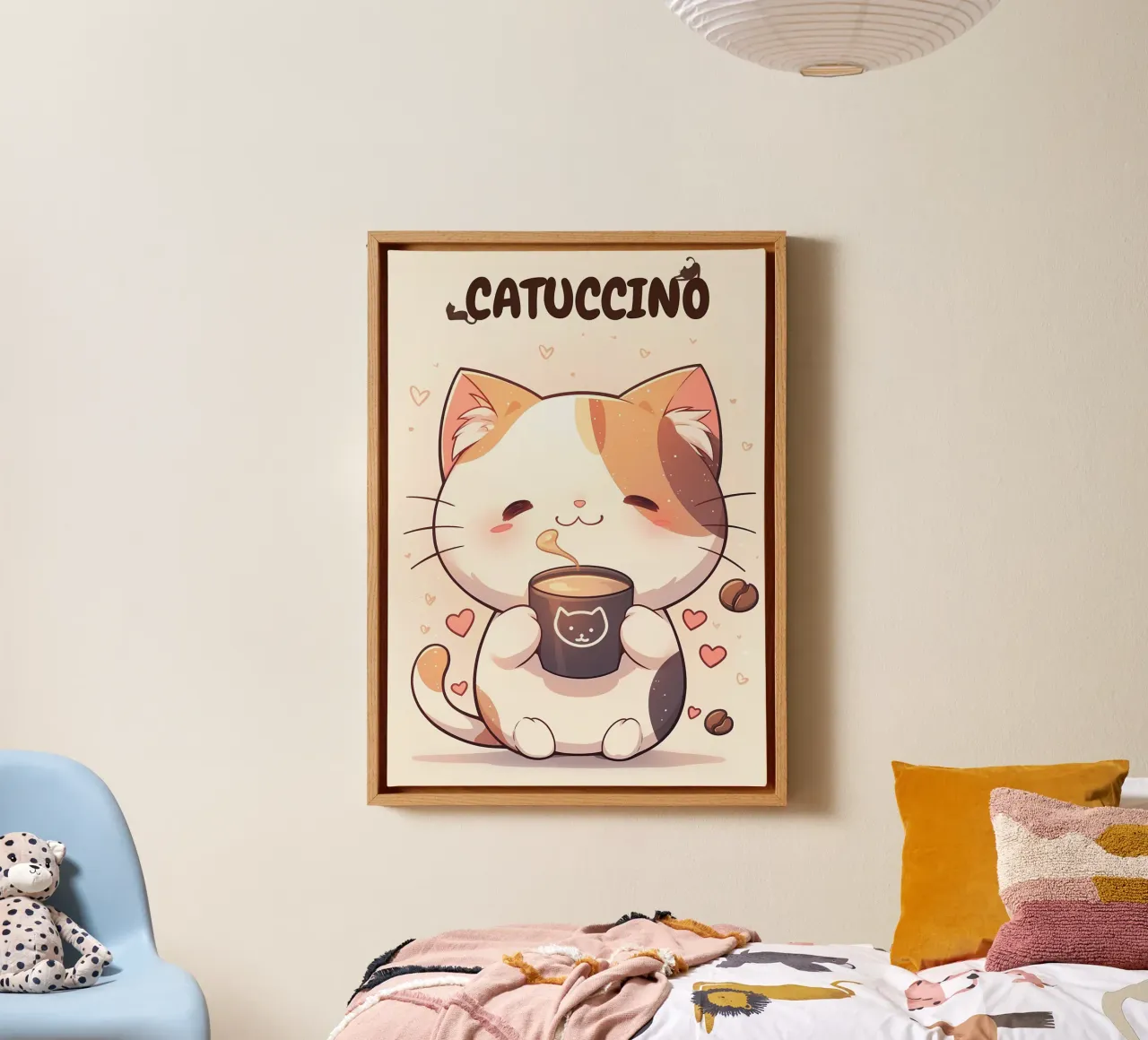 tazza caffè gatto forme cuore testo cartone animato orecchie gatto baffi c tela con Cornice a cassetta da Ashish Kashyap