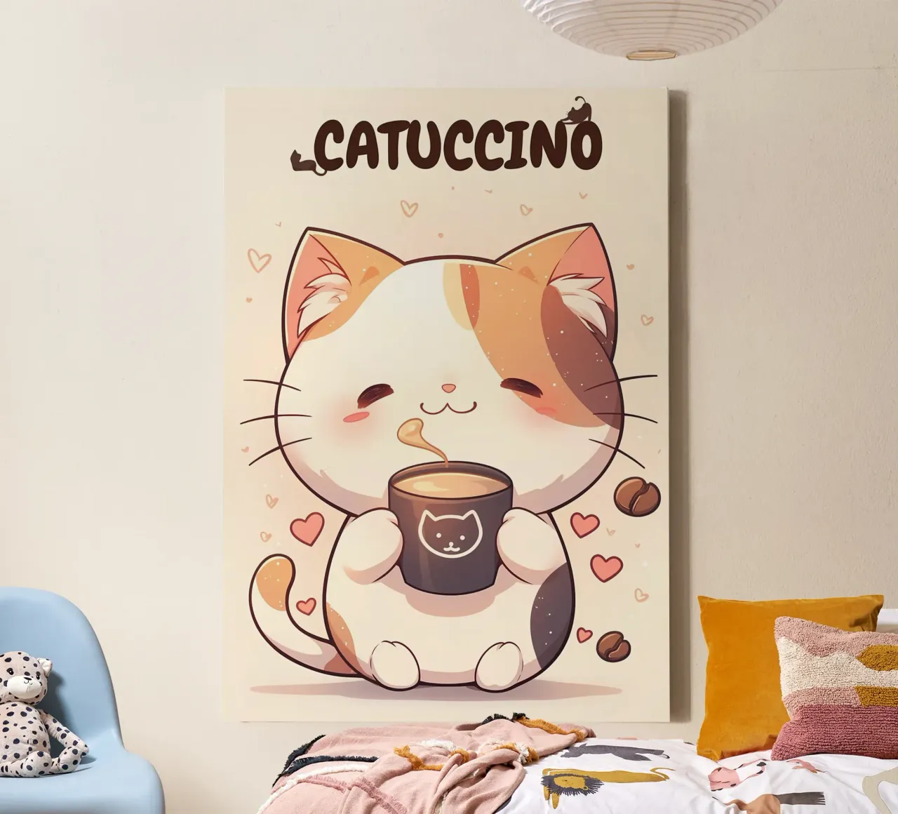 tazza caffè gatto forme cuore testo cartone animato orecchie gatto baffi c tela con Cornice a cassetta da Ashish Kashyap