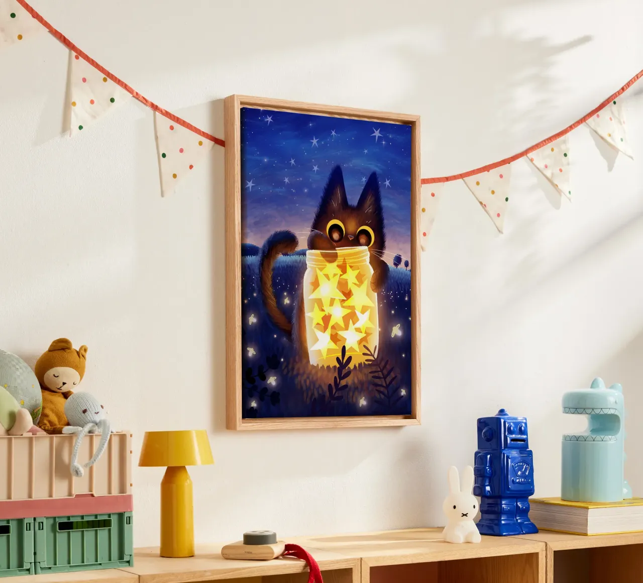 gato tarro estrellas cielo nocturno luciérnagas campo hierba brillo follaje t lienzo con Marco flotante de Ashish Kashyap