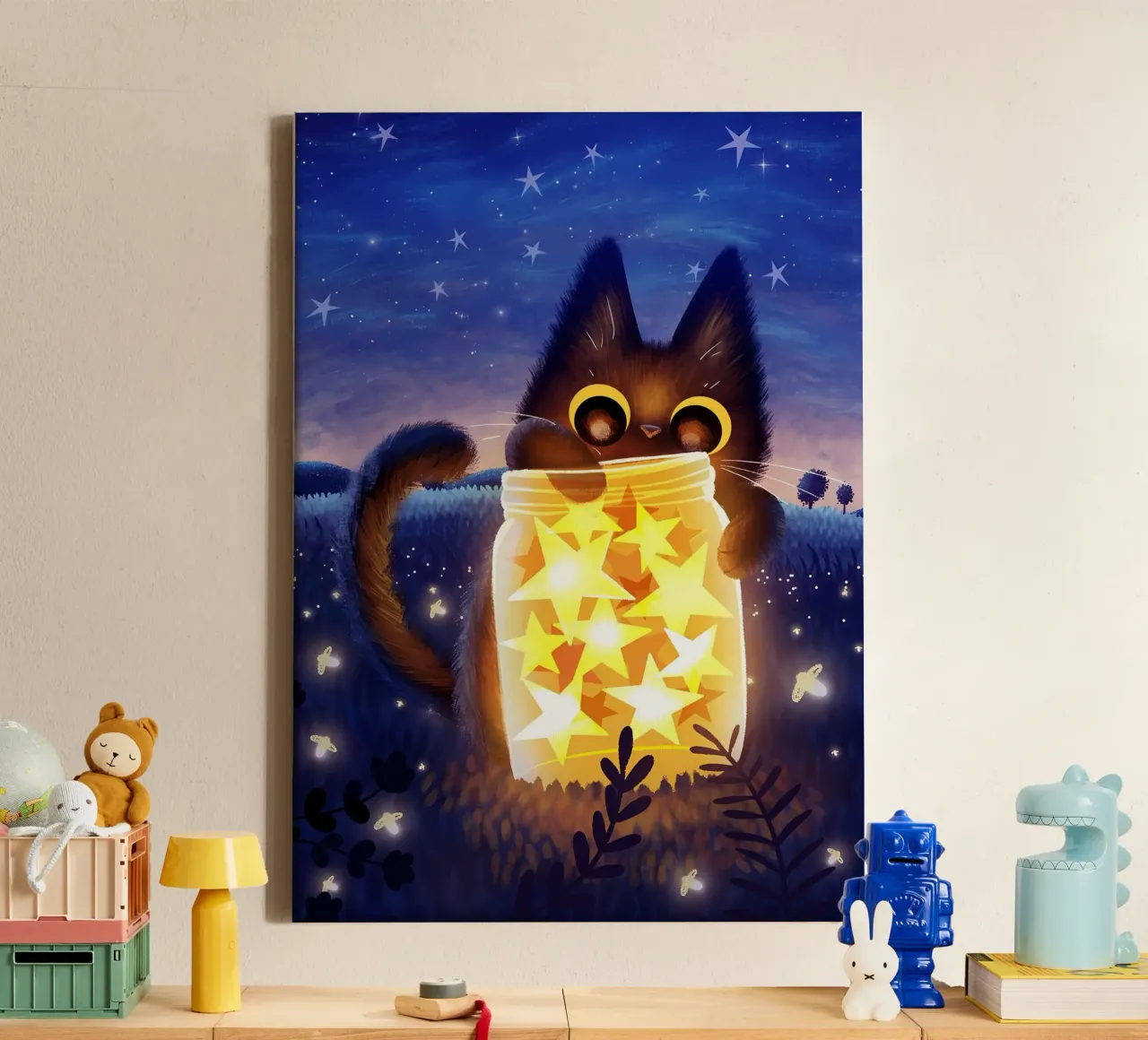 gato tarro estrellas cielo nocturno luciérnagas campo hierba brillo follaje t lienzo con Marco flotante de Ashish Kashyap