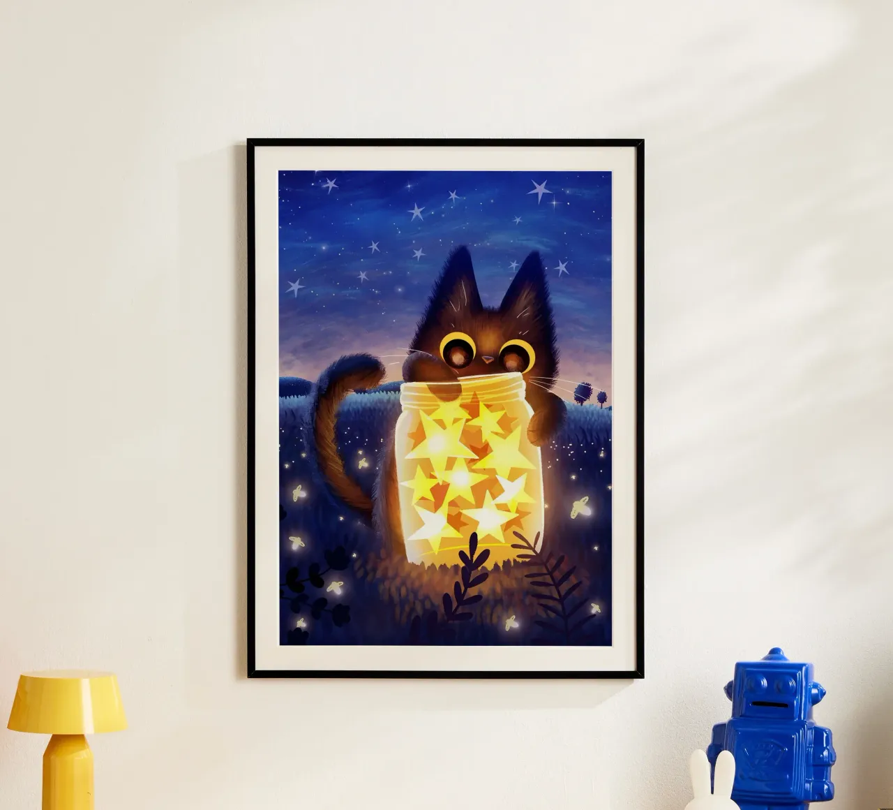 gato tarro estrellas cielo nocturno luciérnagas campo hierba brillo follaje t hahnemühle de Ashish Kashyap