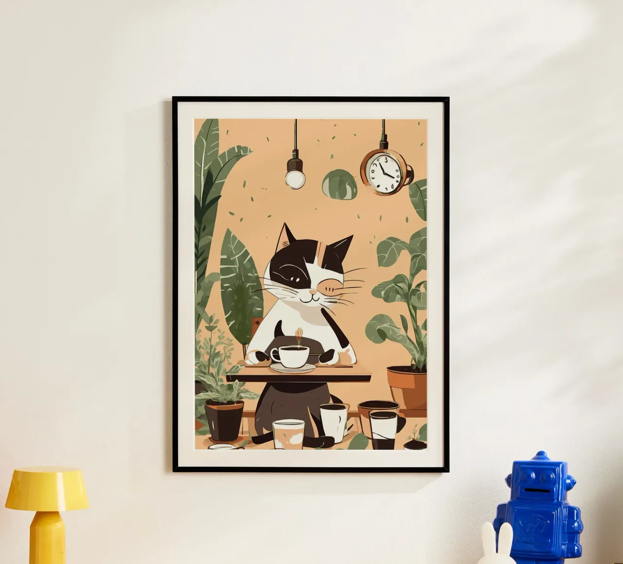 gatto tazza da caffè piante appese lampadina appesa orologio da tavolo poster con telaio in alluminio da Ashish Kashyap