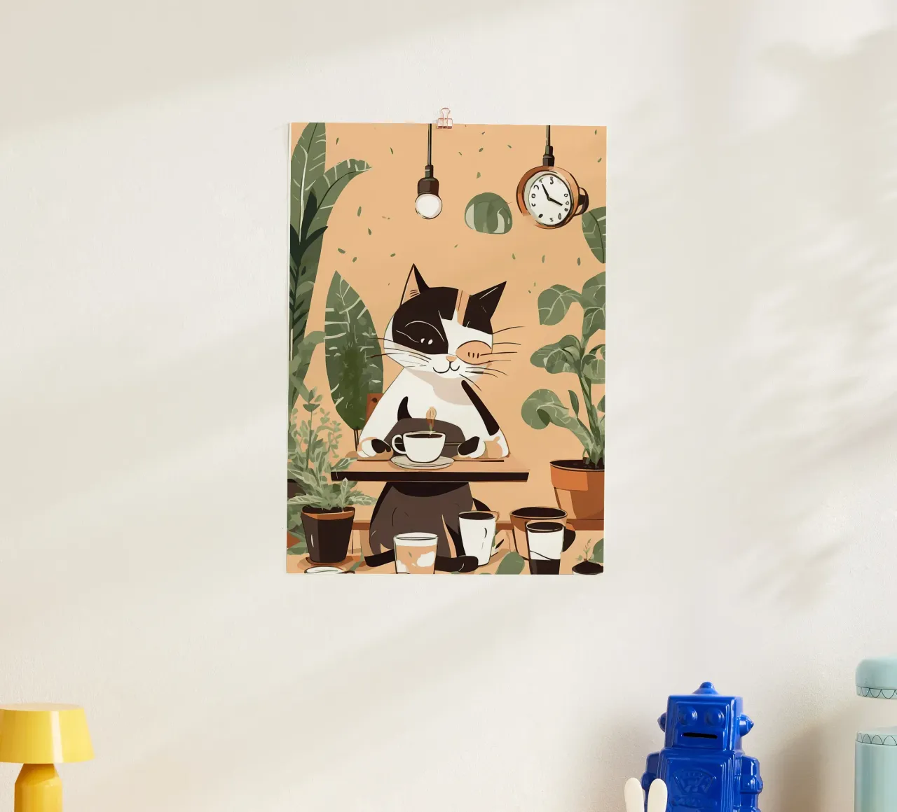 gatto tazza da caffè piante appese lampadina appesa orologio da tavolo poster con telaio in alluminio da Ashish Kashyap