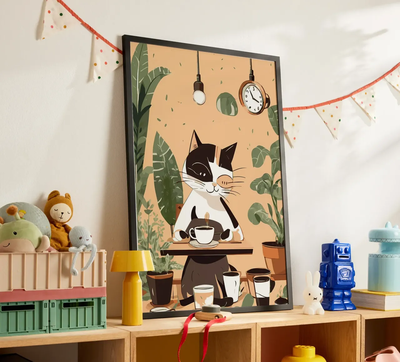 gatto tazza da caffè piante appese lampadina appesa orologio da tavolo poster con telaio in alluminio da Ashish Kashyap