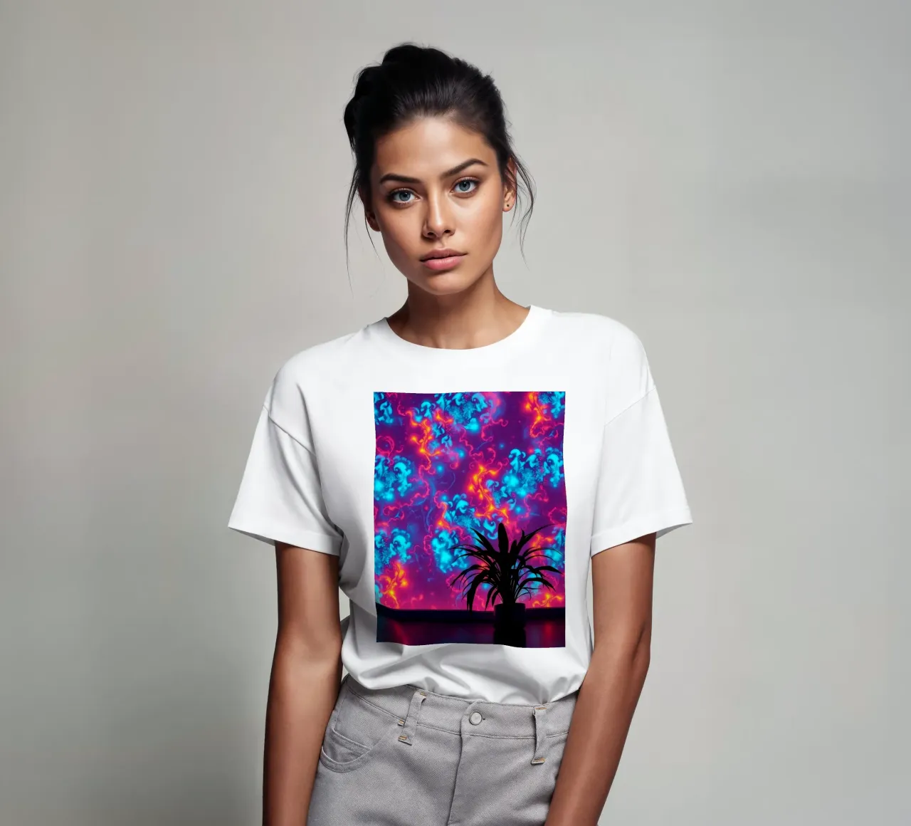 glowing patterns with a silhouette of a potted plant t-shirt by DesignDoodle