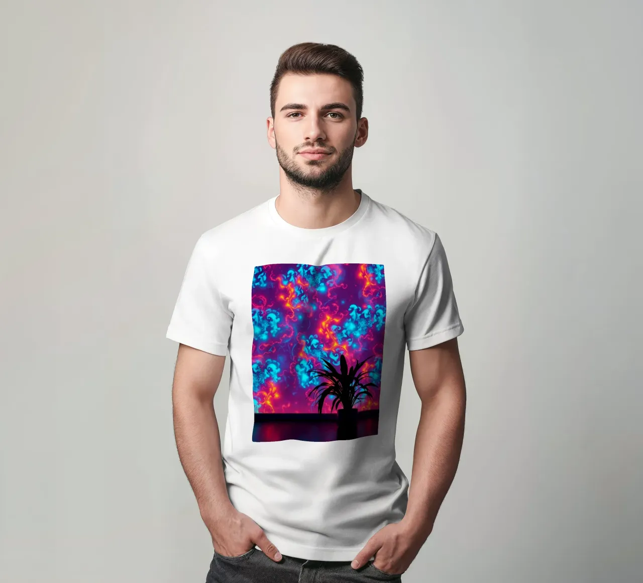 glowing patterns with a silhouette of a potted plant t-shirt by DesignDoodle