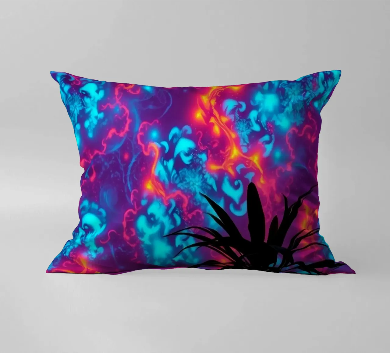 glowing patterns with a silhouette of a potted plant decorative cushion by DesignDoodle