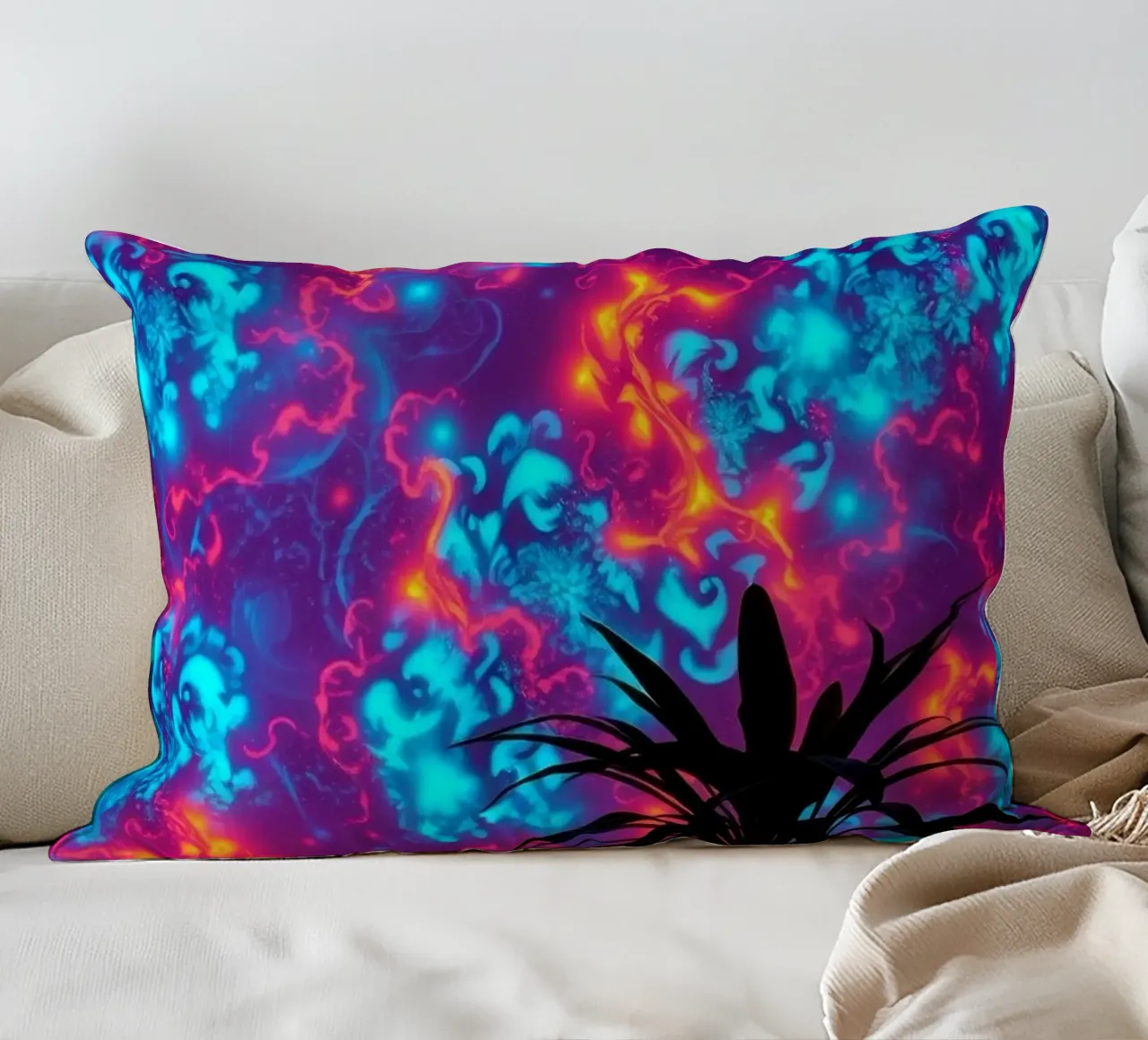 glowing patterns with a silhouette of a potted plant decorative cushion by DesignDoodle