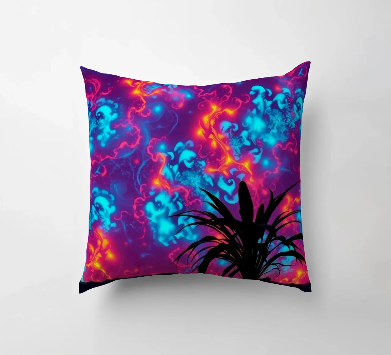 glowing patterns with a silhouette of a potted plant decorative cushion by DesignDoodle