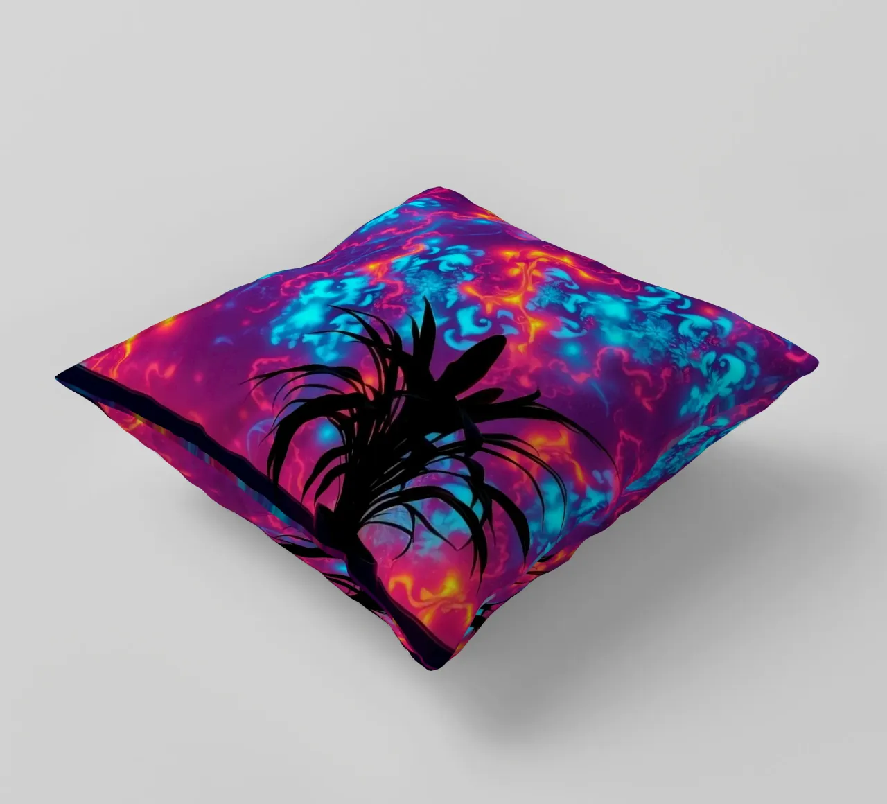 glowing patterns with a silhouette of a potted plant decorative cushion by DesignDoodle
