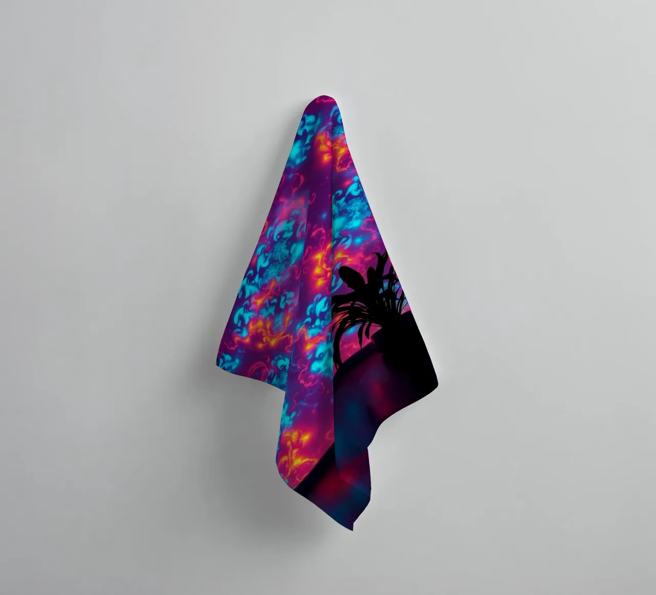 glowing patterns with a silhouette of a potted plant towel by DesignDoodle