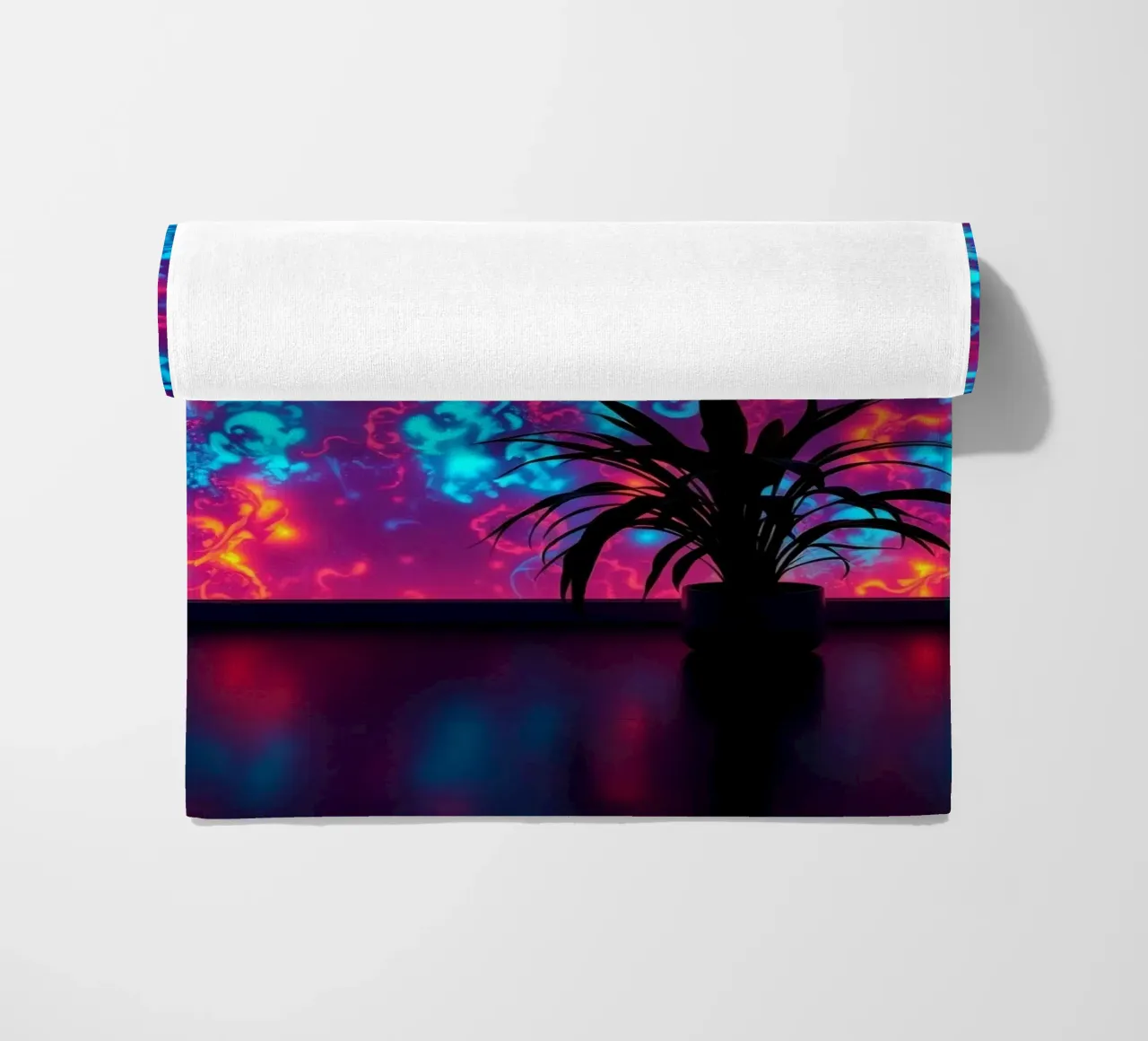 glowing patterns with a silhouette of a potted plant beach towel by DesignDoodle