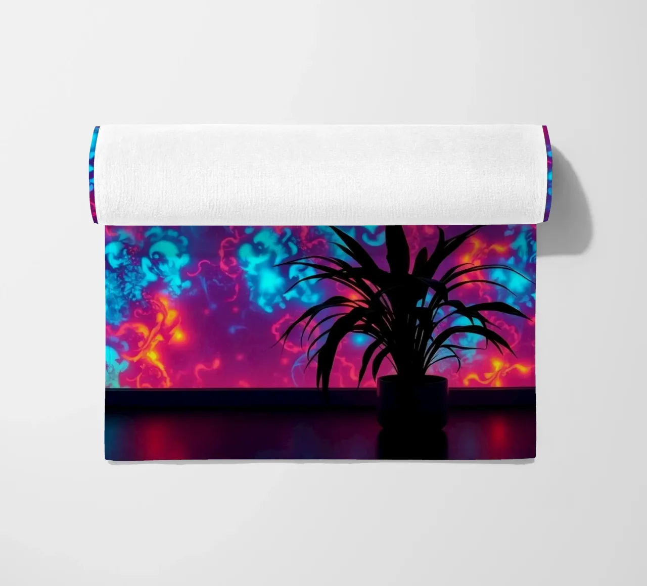 glowing patterns with a silhouette of a potted plant beach towel by DesignDoodle