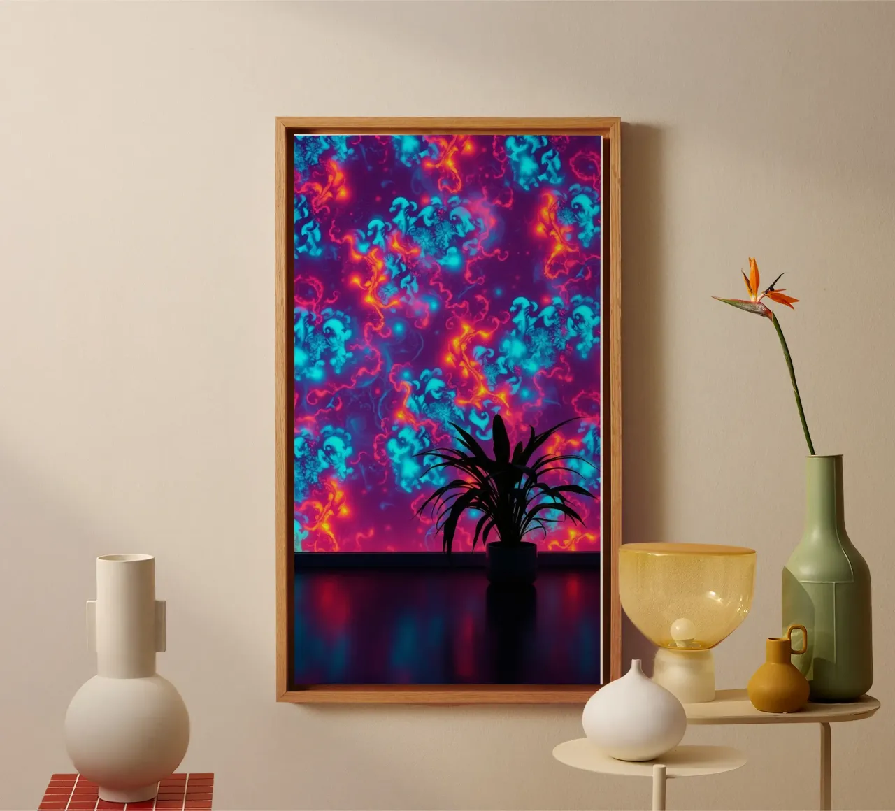 glowing patterns with a silhouette of a potted plant canvas by DesignDoodle