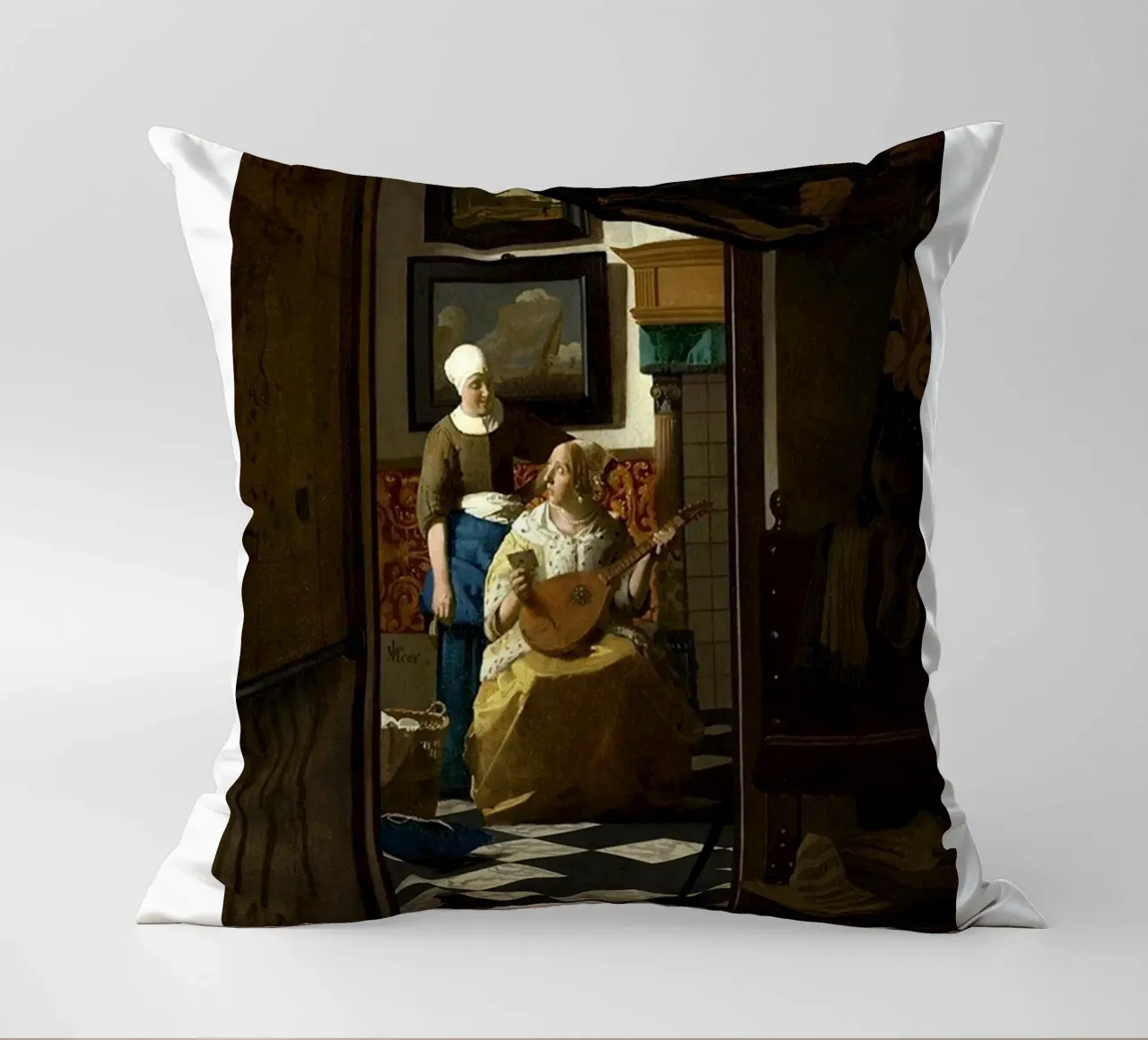 vermeer - una donna riceve una lettera d'amore da un servo cuscino da The Dinda