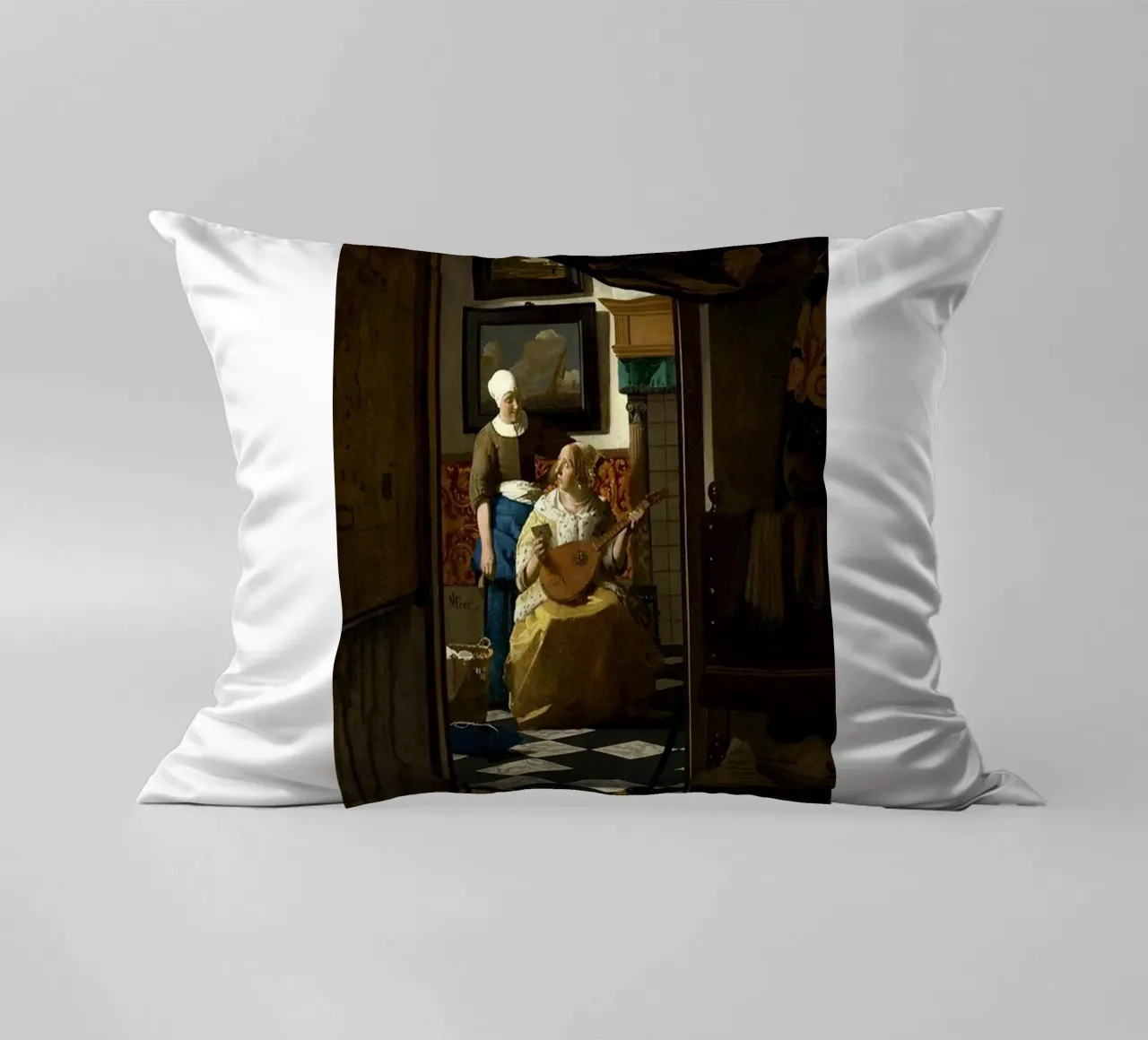 vermeer - una donna riceve una lettera d'amore da un servo cuscino da The Dinda