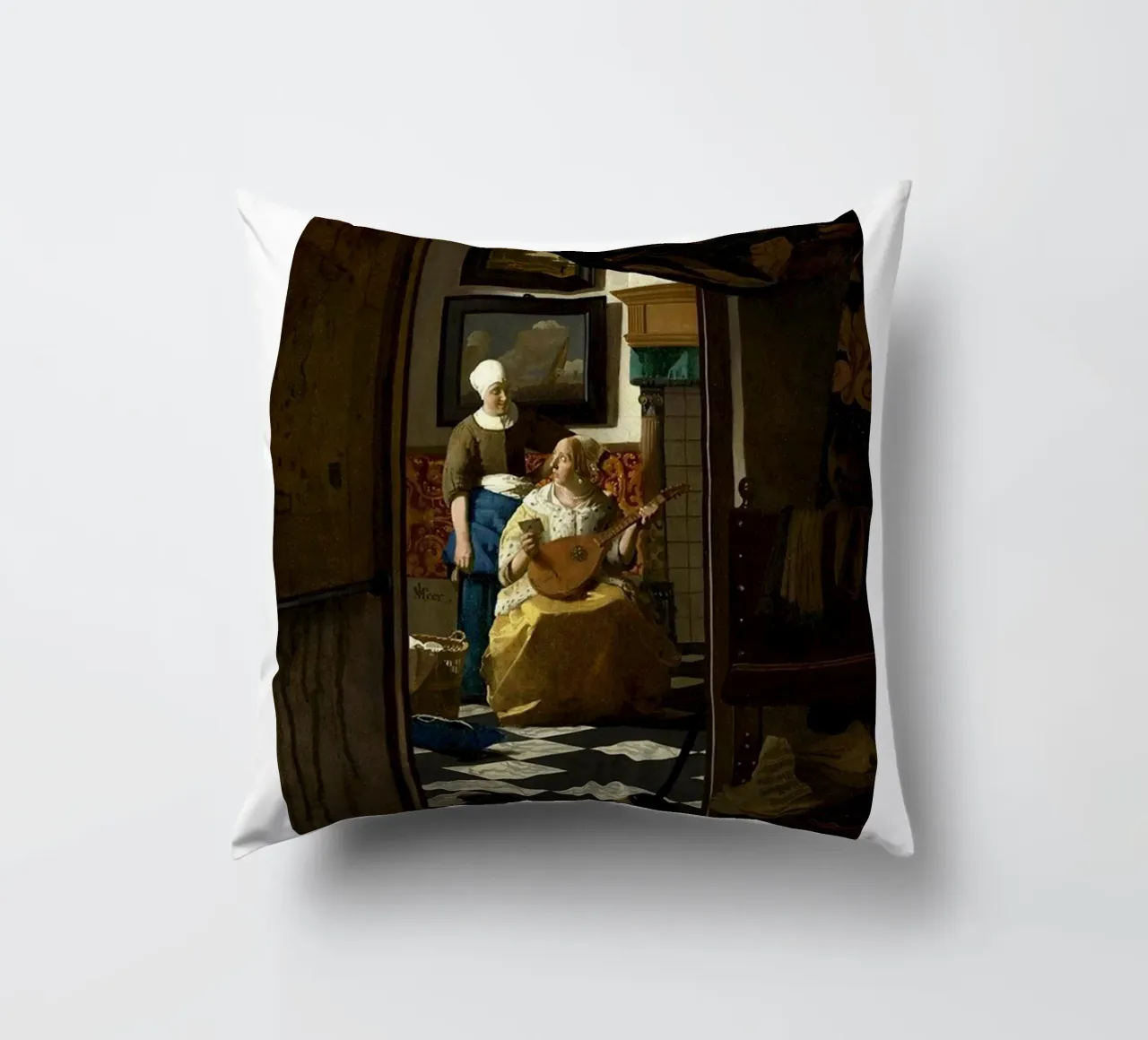 vermeer - una donna riceve una lettera d'amore da un servo cuscino da The Dinda