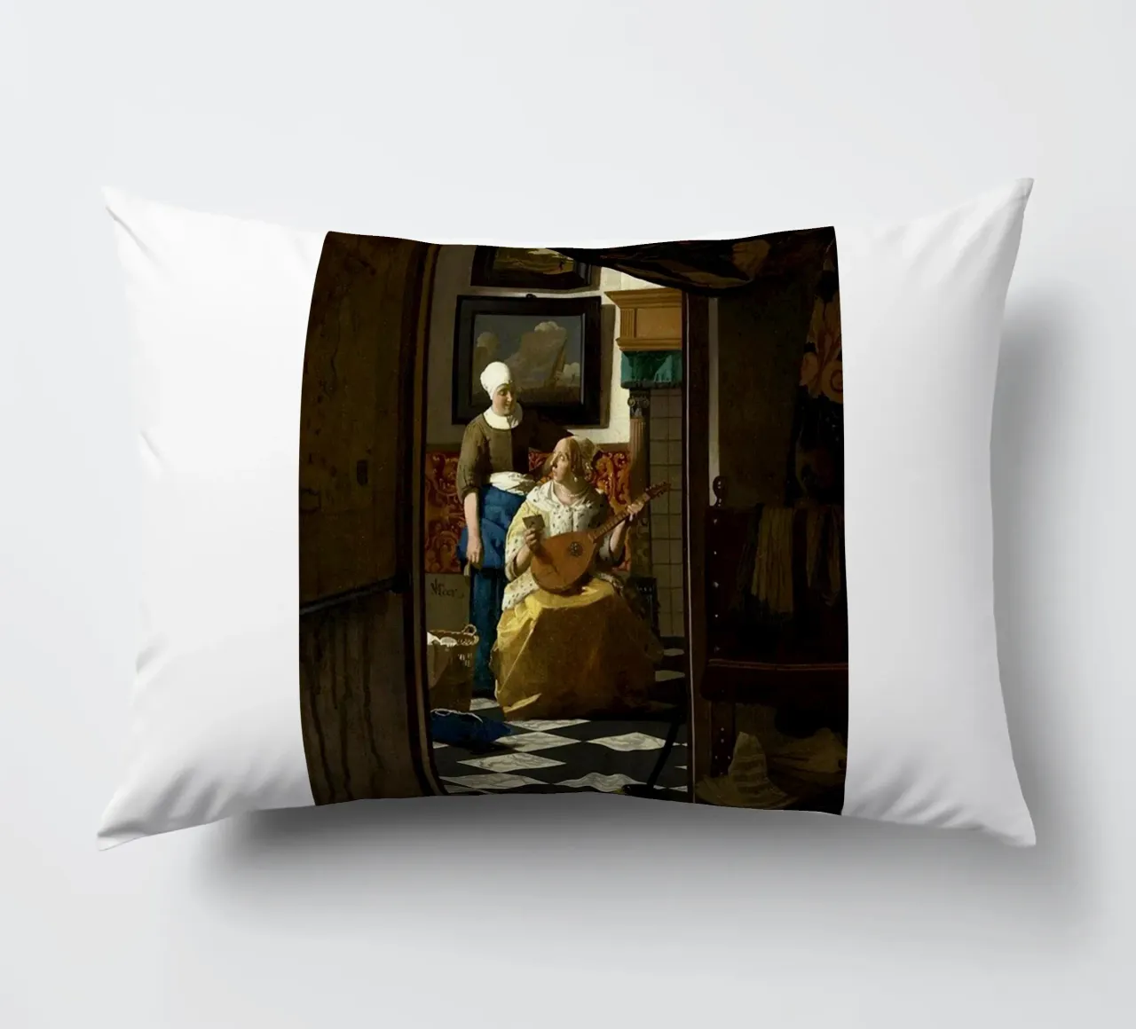 vermeer - una donna riceve una lettera d'amore da un servo cuscino da The Dinda