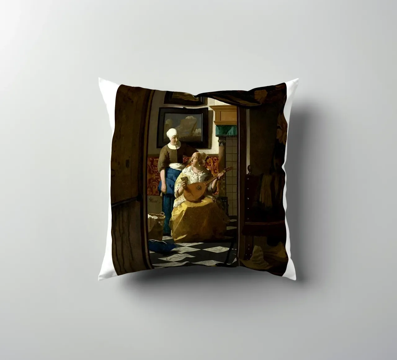 vermeer - una donna riceve una lettera d'amore da un servo cuscino da The Dinda